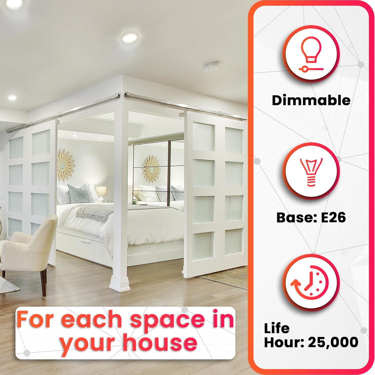 A19, 8.8W 5CCT, E26 Medium Base, 120V, 800L, CCT Selectable, White Finish LED Bulbs. (Pack of 4)