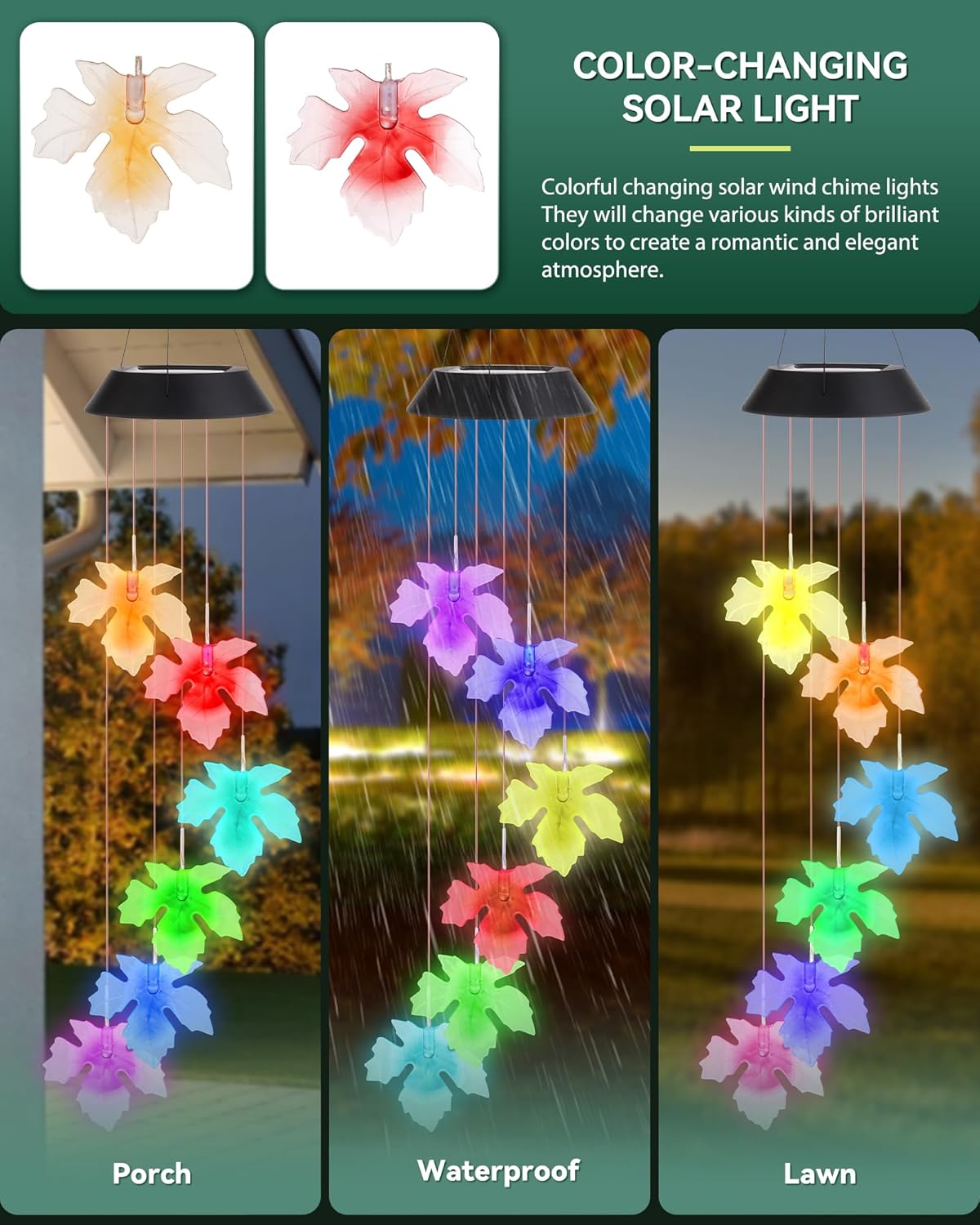 DOUBLEZHE Solar Wind Chimes, Color Changing Maple Leaf Wind Chimes for Outside, Birthday Gifts for Women Mom Grandma, Waterproof Outdoor LED Decoration Mobile Lights for Garden Patio Yard Party Decor - Image 3