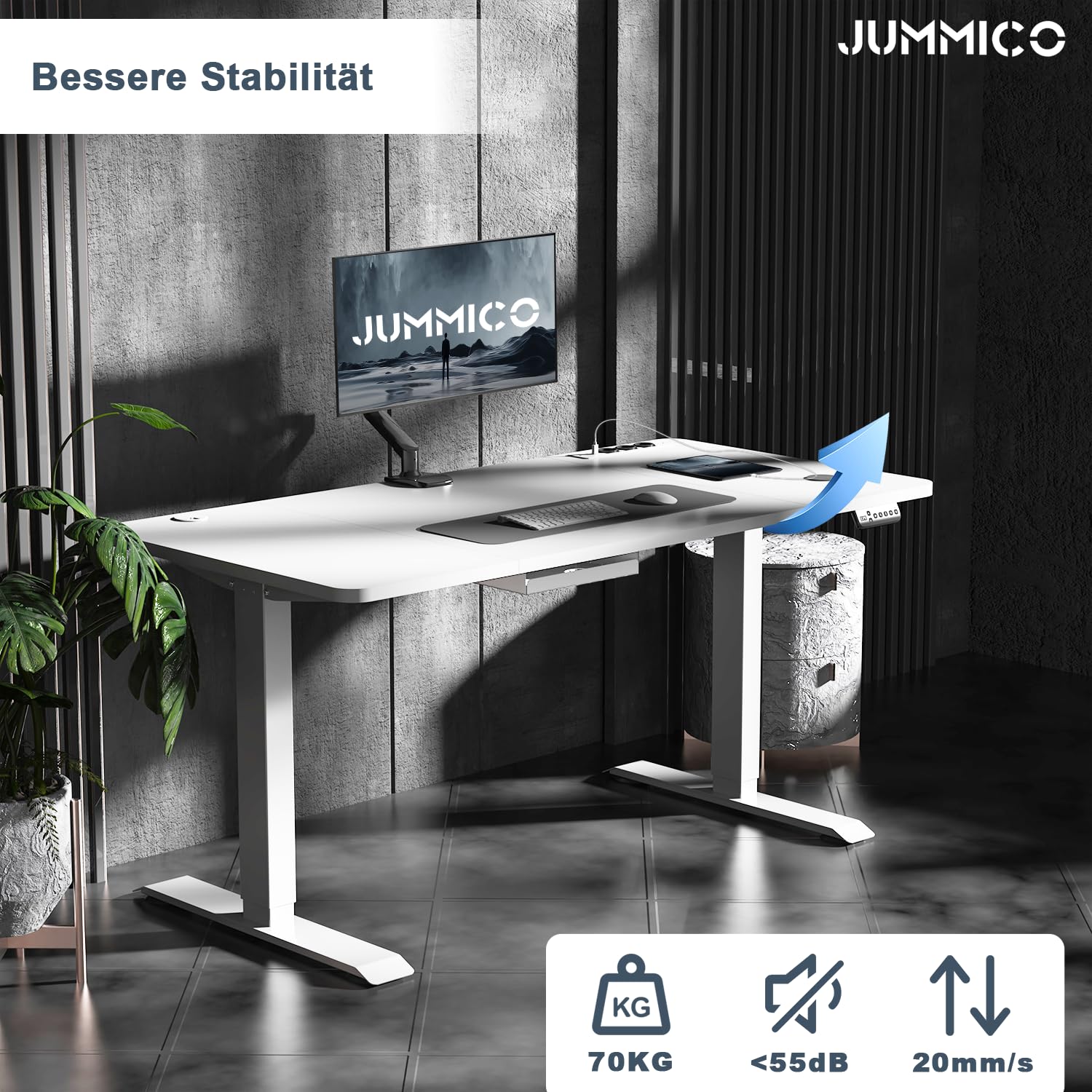 JUMMICO Höhenverstellbarer Schreibtisch 160x80cm mit Kabelloser Ladestation und Euro-Steckdose mit USB, Schreibtisch Höhenverstellbar Elektrisch Stehtisch, Standing Desk Weiß