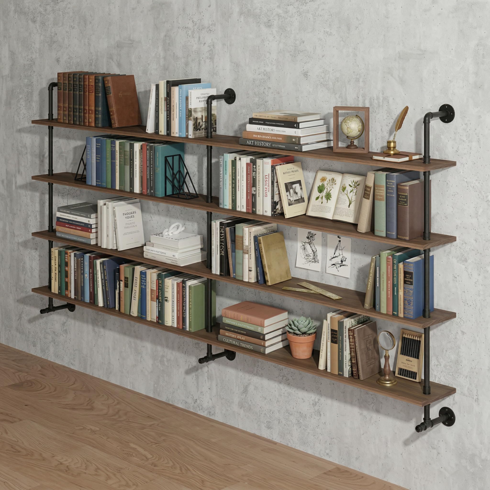 Industrial Pipe Wall Shelves Pipe Shelving with Real Wood Plank ,60 Inches Floating Shelves for Wall Farmhouse Pipe Book Shelves Dark Brown 4 Tier for