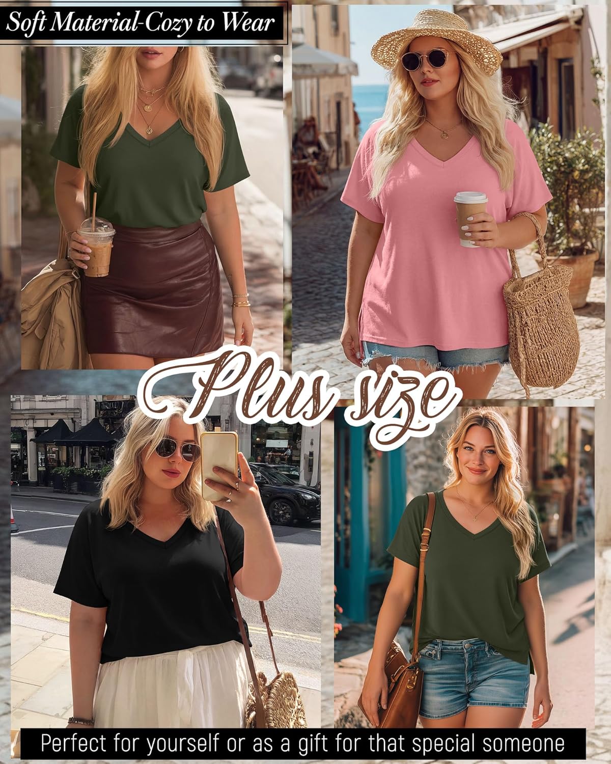 Ficerd 3 Pack Plus Size V Neck T-Shirts for Women, Short Sleeve Split Side High Low Hem Tunics Tops Basic Summer Tee Blouses - Image 2