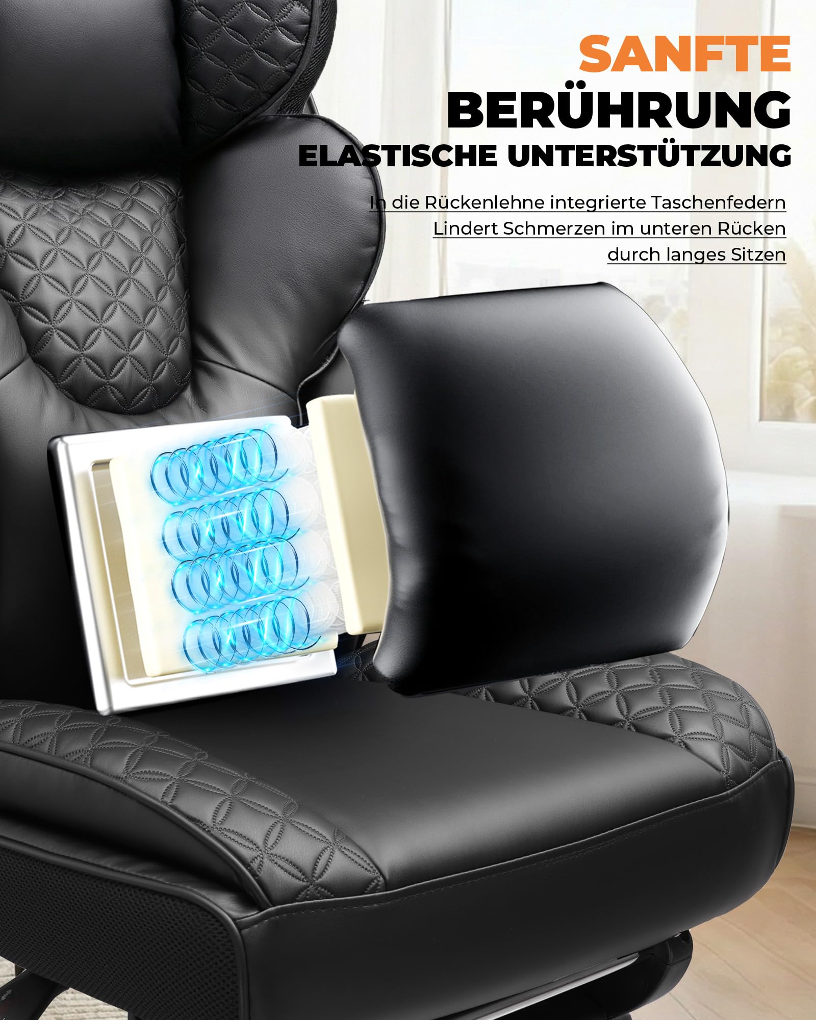 COMHOMA Ergonomischer Gaming Stuhl, Bürostuhl 180 kg, mit Verstellbarer Lendenstütze & Fußstütze, Hybrid-Design aus Kunstleder & Mesh, 150° verstellbare Rückenlehne, hoher Chefsessel, Schwarz