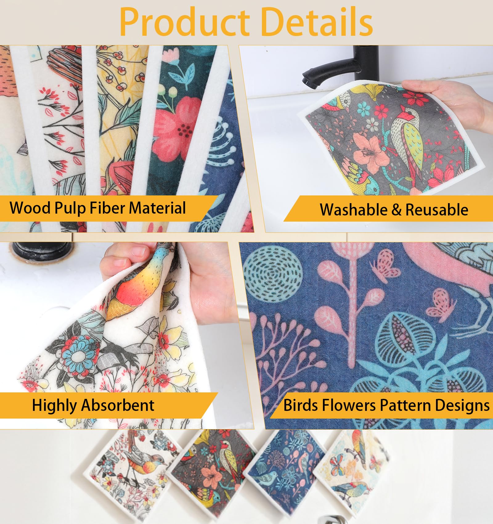 6PCS Swedish Cloths for Kitchen, Floral Reusable Swedish Dish Cloths for Kitchen, Absorbent Quick Drying Papaya Paper Towels for Cleaning Countertop Sink Dishes