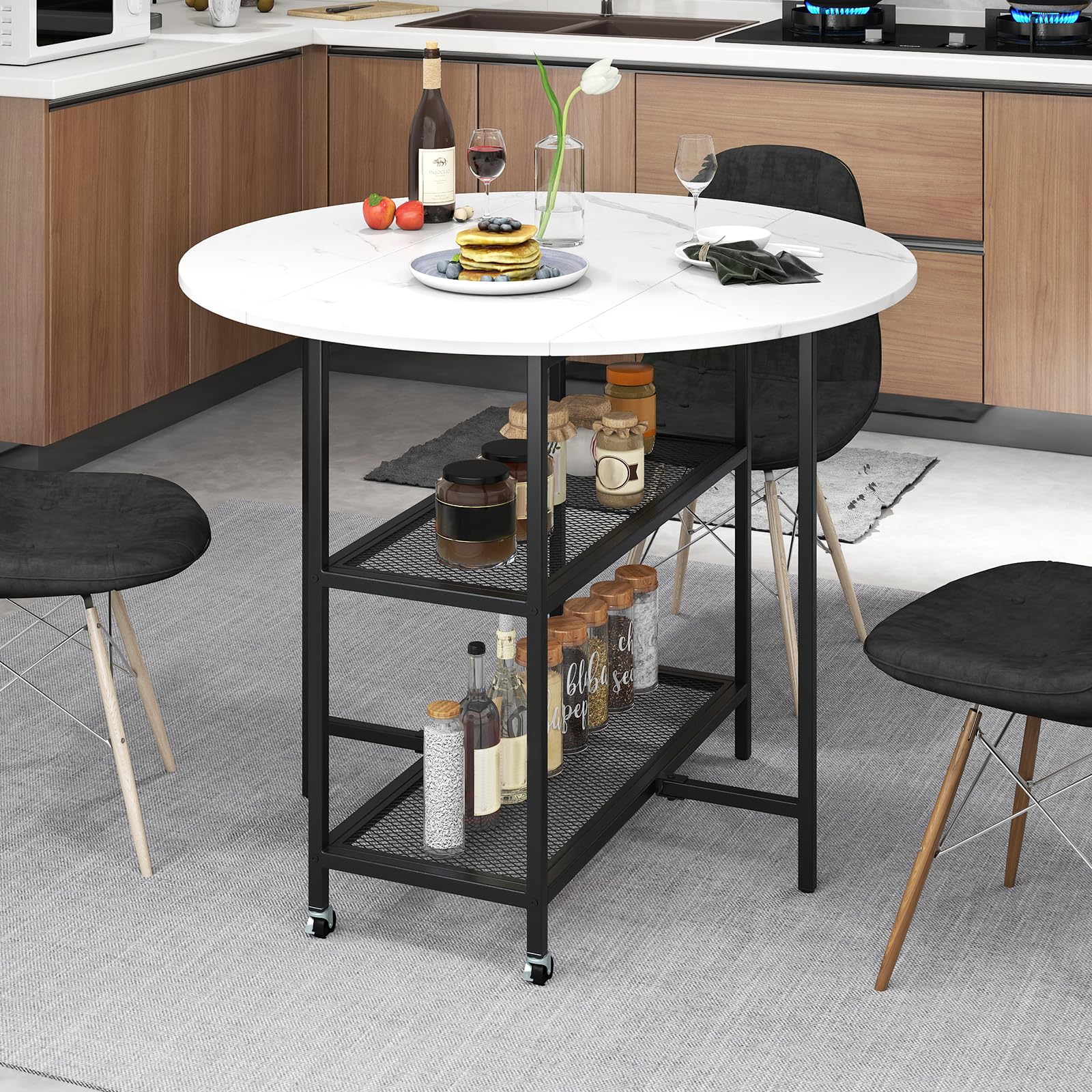 COSTWAY Table Pliante Cuisine Ronde, Table a Manger Extensible sur roulettes pour 2-4 Personnes, 2 Etagères, 2 Rallonges Rabattables, Gain de Place, pour Petite Espace, 42-100 x 100 x 80 cm (Blanc)