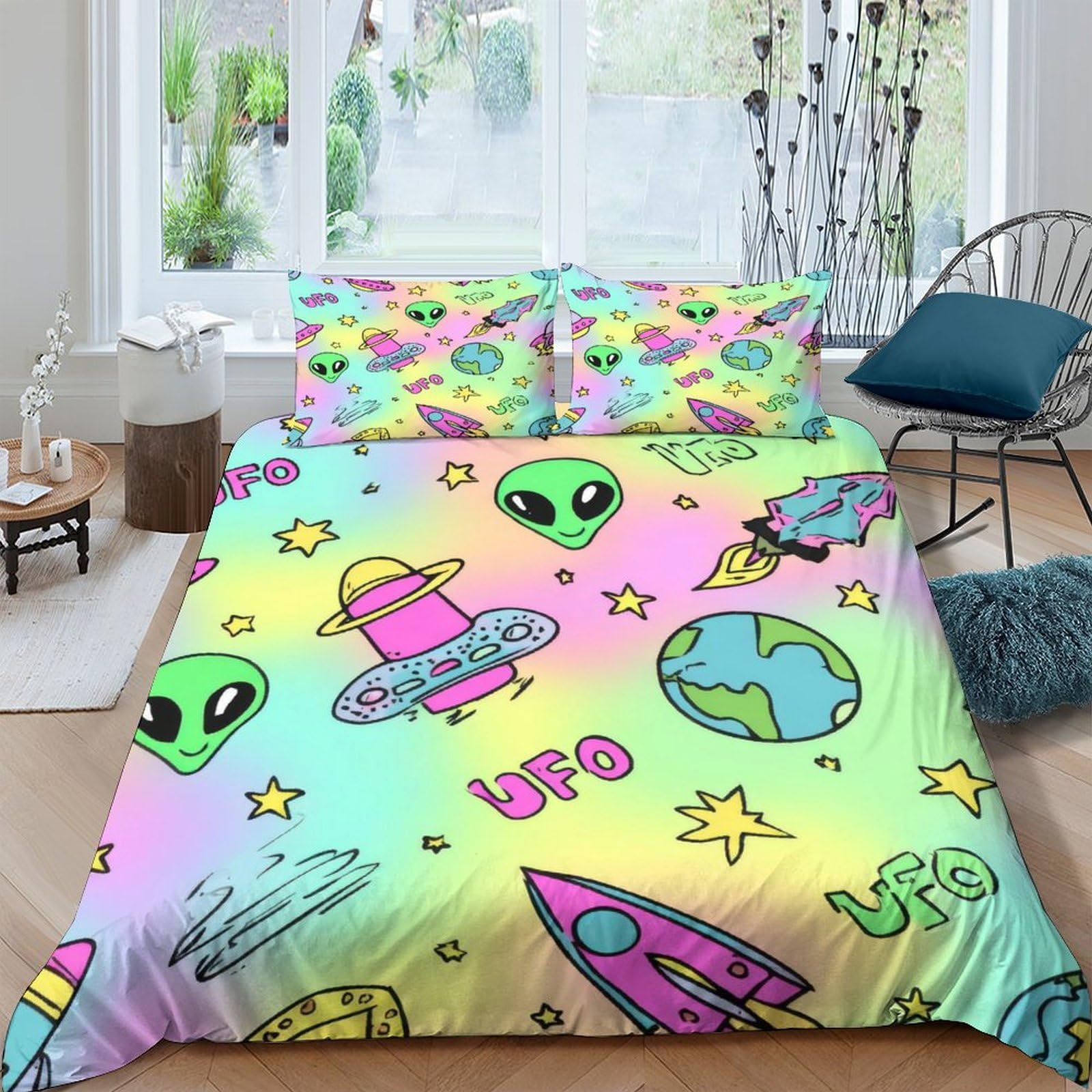 Ctjqhvkz Style-10 3D Printed Colorful Alien Fitted Sheet Microfiber Soft Bedroom Space Rocket Mattress Cover For Home Dorm Decor Single（135X200cm）
