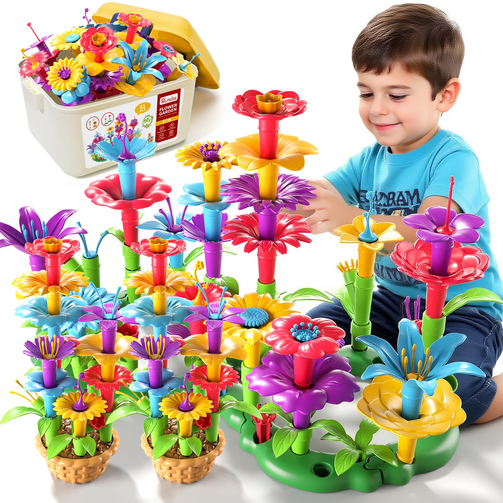 BLmukce Flower Garden Building Toy Set for Girls and Kids Age 3 4 5 6 7 Years Old - STEM Educational Stacking Toys for Preschool Toddlers - 81 PCS Learning While Playing Kit
