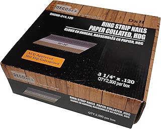 3 1/4" x .120 Ring Shank Strip Nails, Paper Collated, Hot Dip Galvanized (30-34 Degree) - 2500pcs Box (DHSNR-314.120)