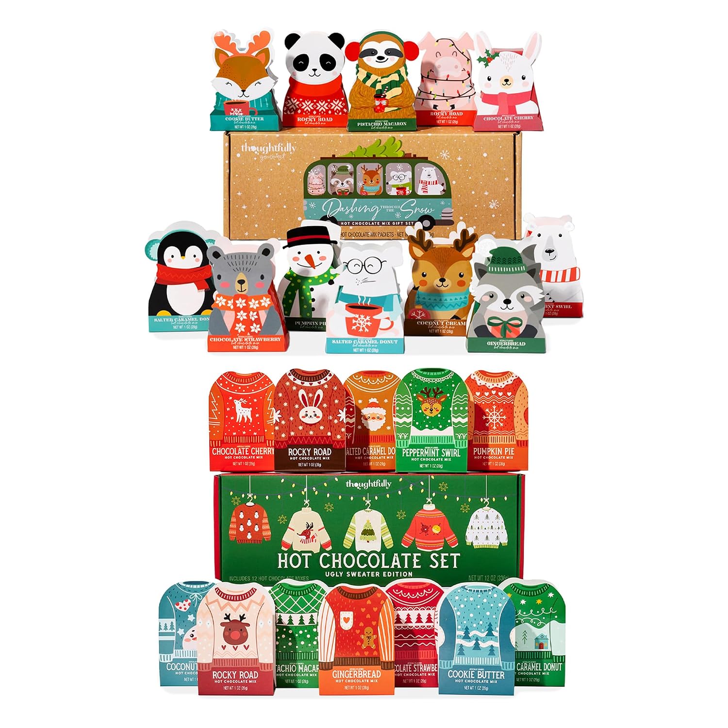 Thoughtfully Gourmet, Holiday Hot Chocolate Variety Gift Bundle, Includes Character & Ugly Sweater Cocoa Sets with 24 Flavored Hot Chocolate Packets, Festive Christmas Gift Box Sampler