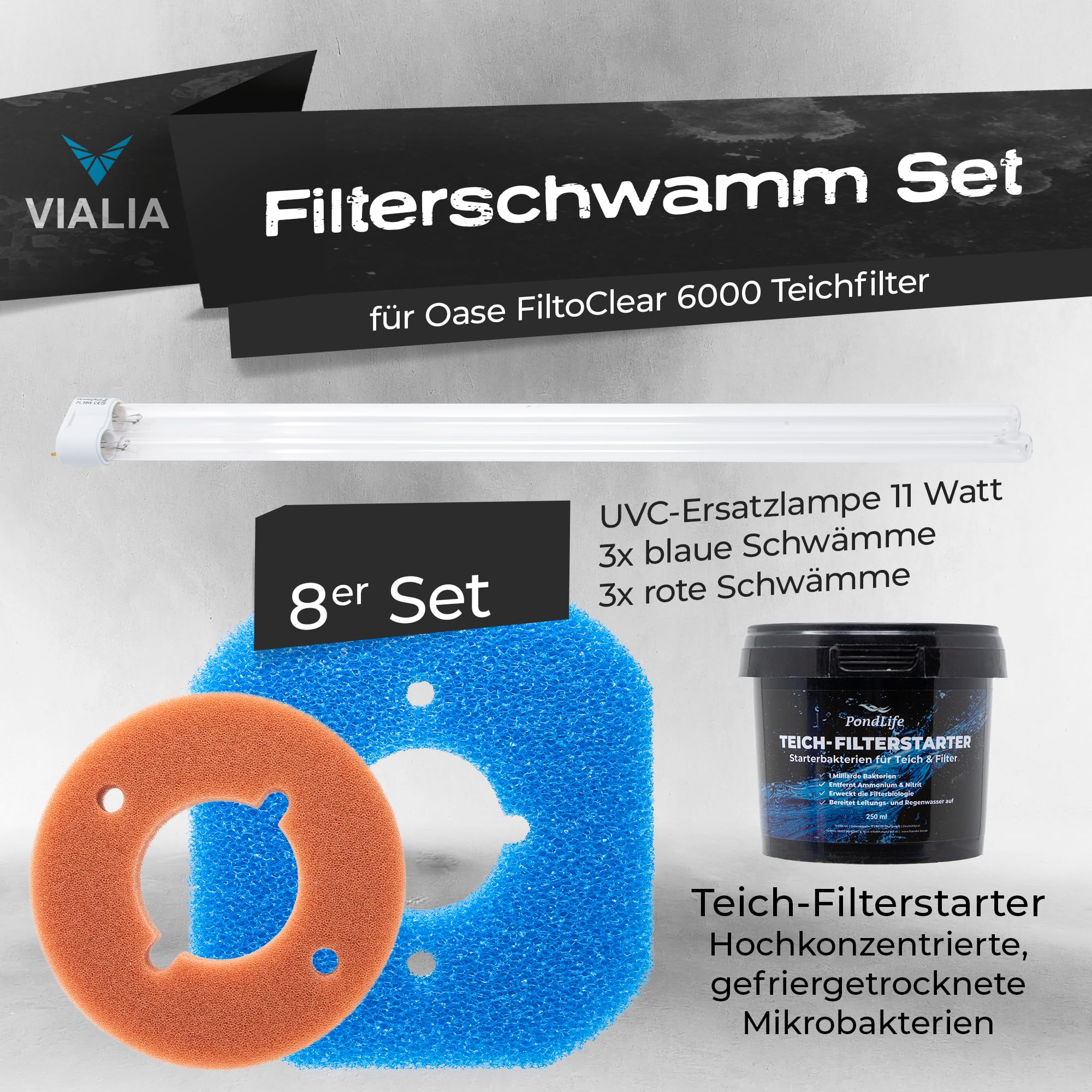 Wartungspaket für Oase FiltoClear 6000 | Ersatzteil Set mit 11W UVC Lampe, 6 Filterschwämme & Filterstarter