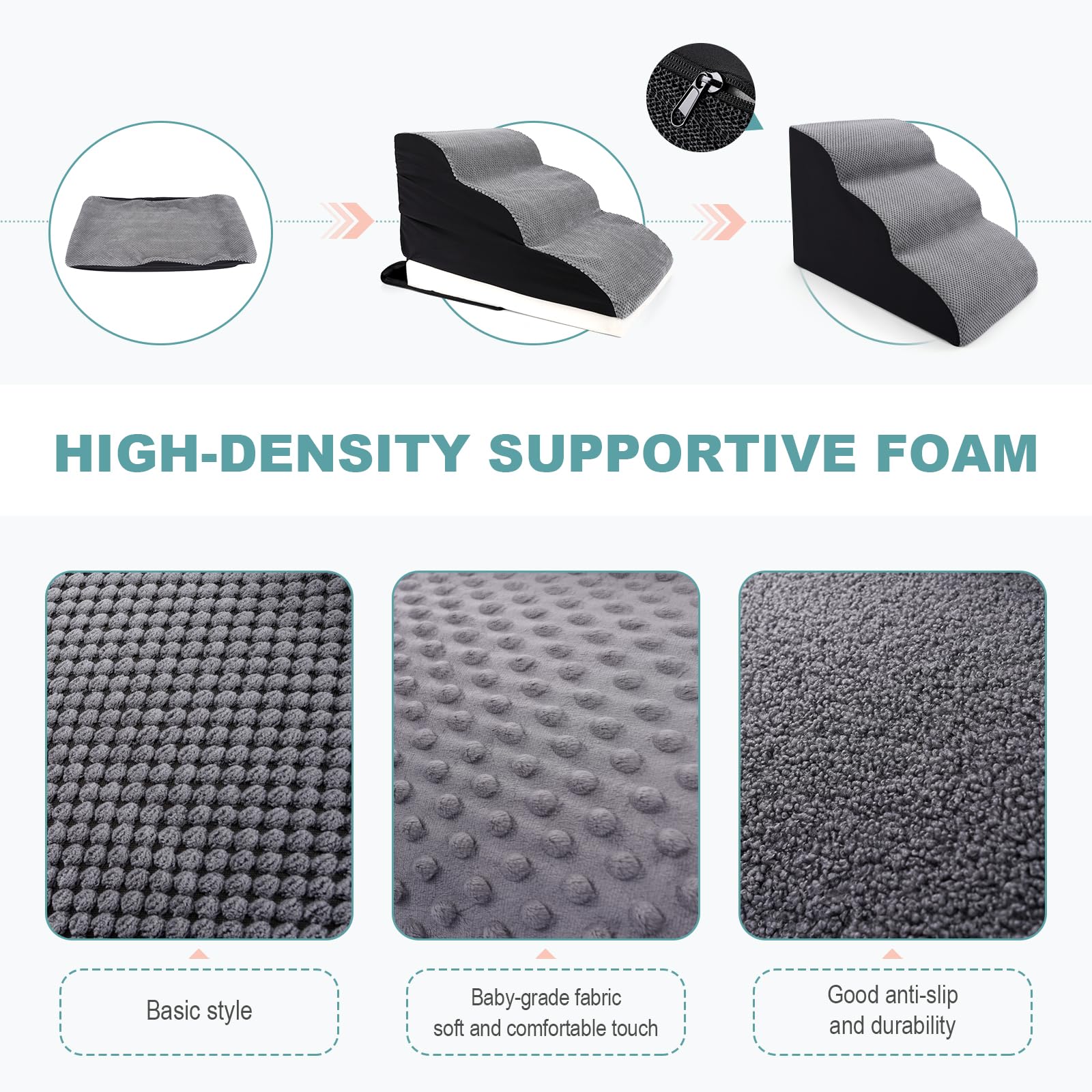 YUDODO 15.7" Dog Stairs for Small Dogs 3 Steps High Density Foam Cat Dog Ramps for Older Injured Dog Non-Slip Bottom Durable Washable Cover Wide Dog Steps for High Bed and Couch (Basic Model 3-Step)