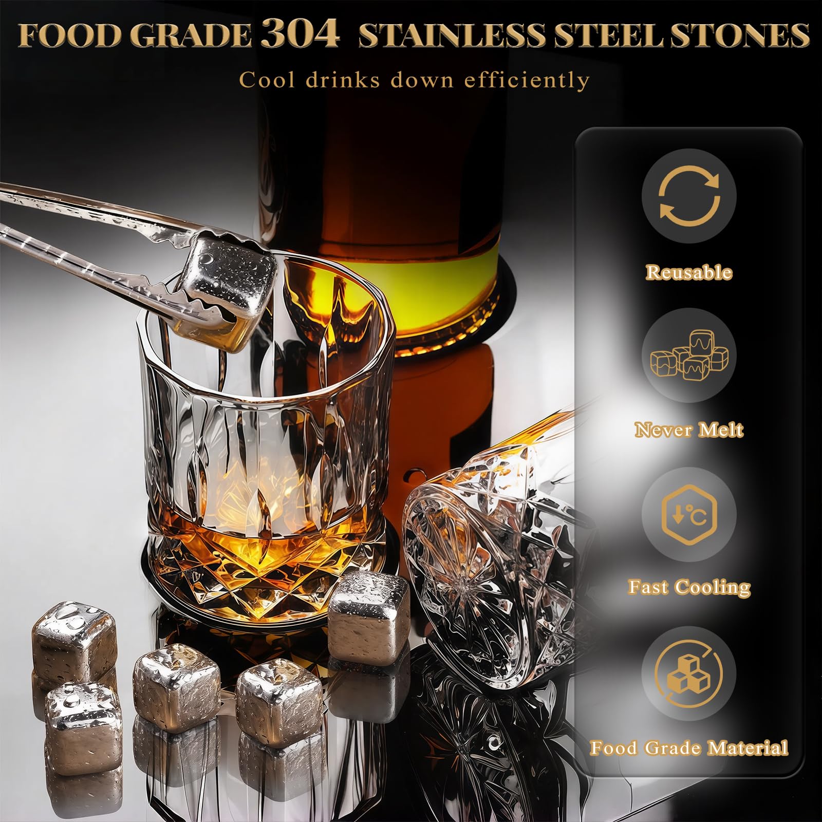 Whiskey Steine Geschenkset mit 6 wiederverwendbaren Kühlsteinen 2 Gläsern und handgefertigter Holzkiste Ideal für Männer Väter Ehemänner Geburtstagsfeier und Liebhaber