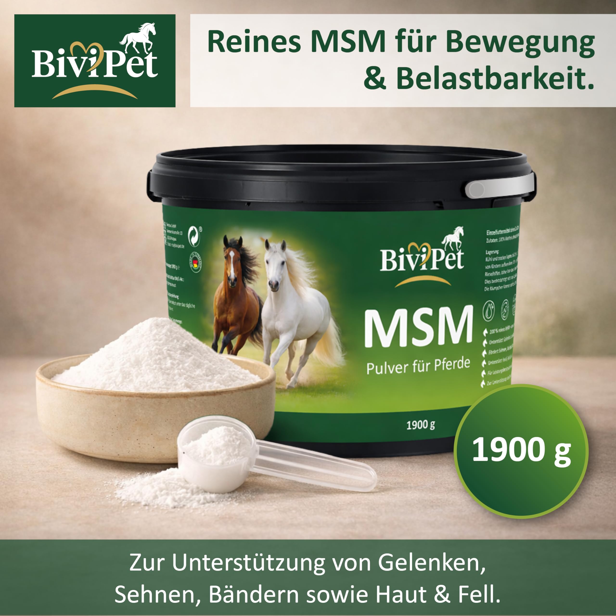 MSM Pulver für Pferde – 1,9 kg | 100% reines MSM ohne Zusätze | Für Gelenke, Beweglichkeit, Sehnen & Hufe | Eimer mit Henkel inkl. Dosierlöffel | Made in Germany