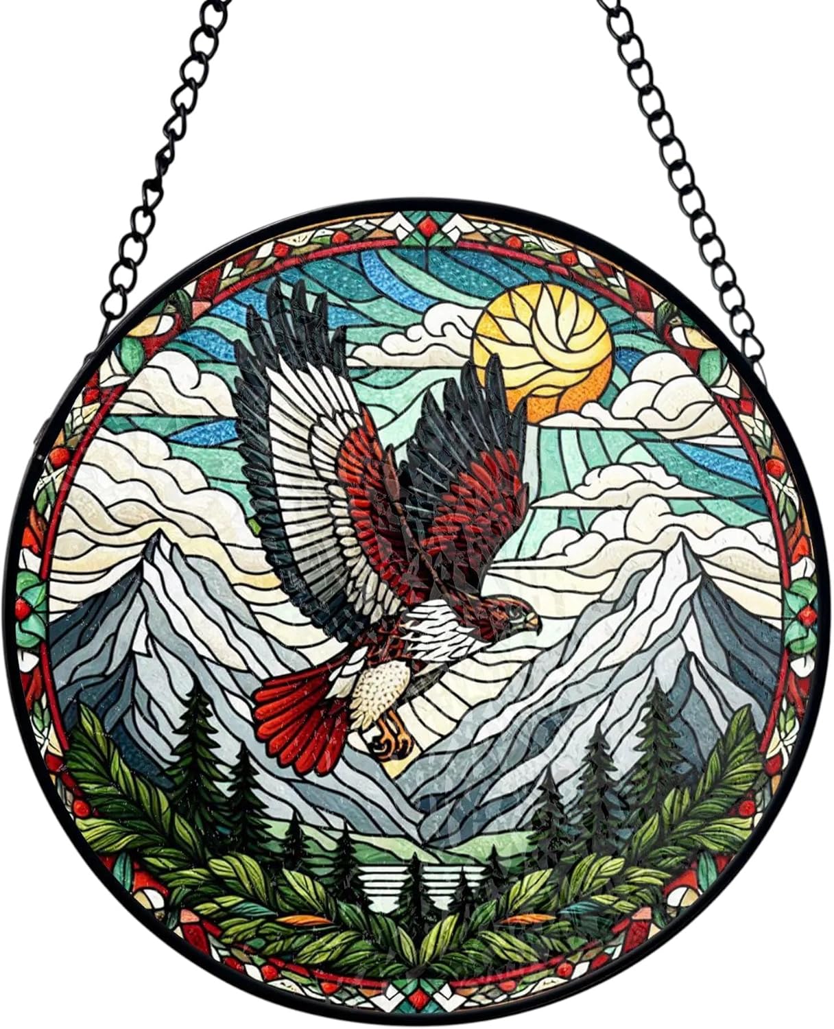 Red-Tailed Hawk Stained Glass Suncatcher | Soaring Bird Wildlife Window Display Art, Nature Theme Gift for Him Birdwatcher (7.8)