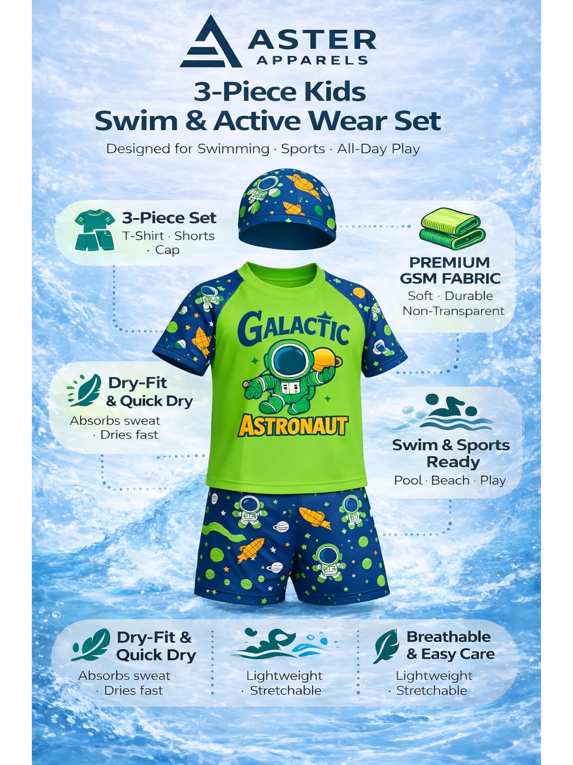 ASTER APPARELS Girls 3-Piece Swim Set with Galactic Astronaut and Happy Dinosaur Print, Quick Dry Polyester Spandex, Ages 2-13 Years (in, Age, 3 Years, 4 Years, Regular, Green) 2