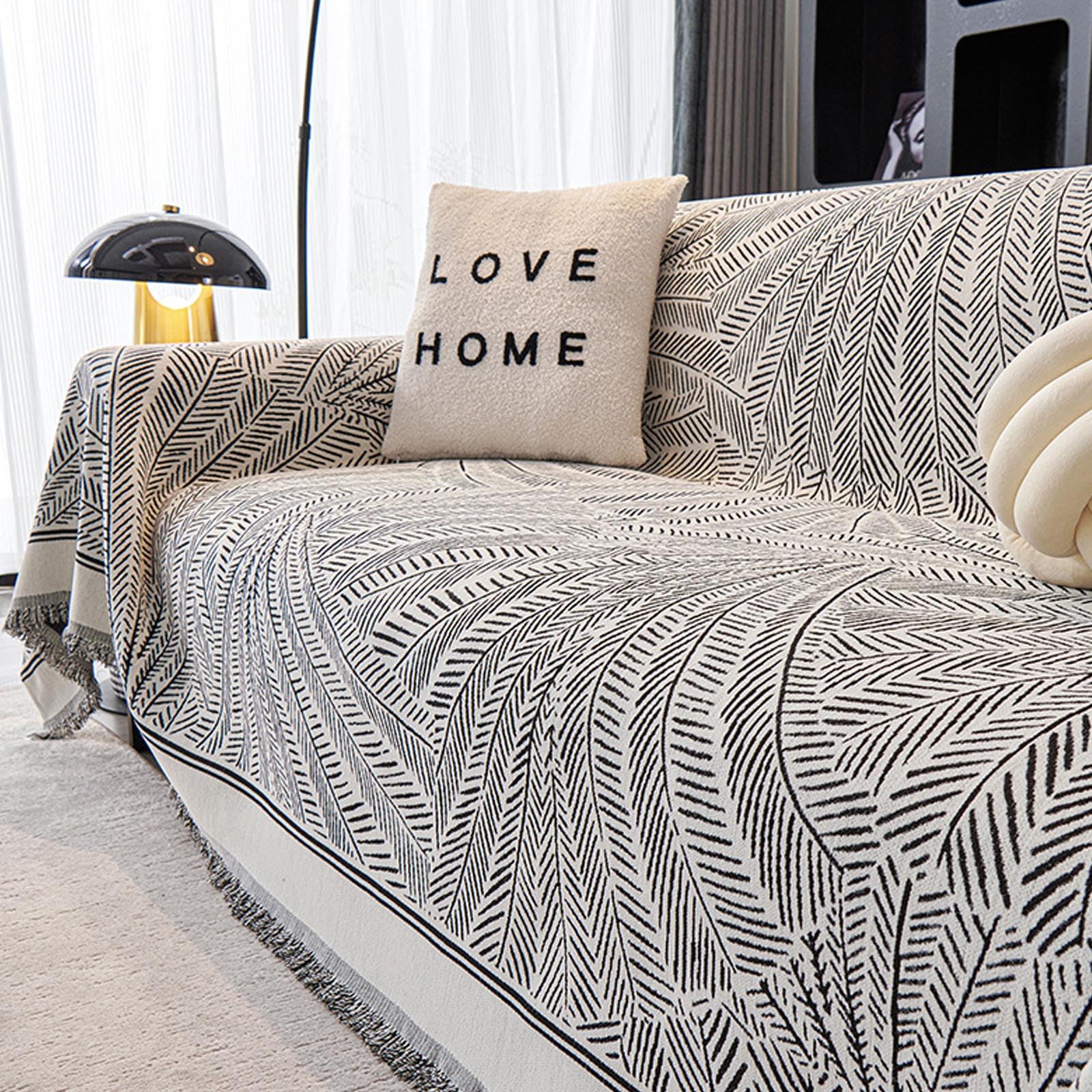 Housse de canapé en chenille luxe réversible avec pompons chic 180x380cm