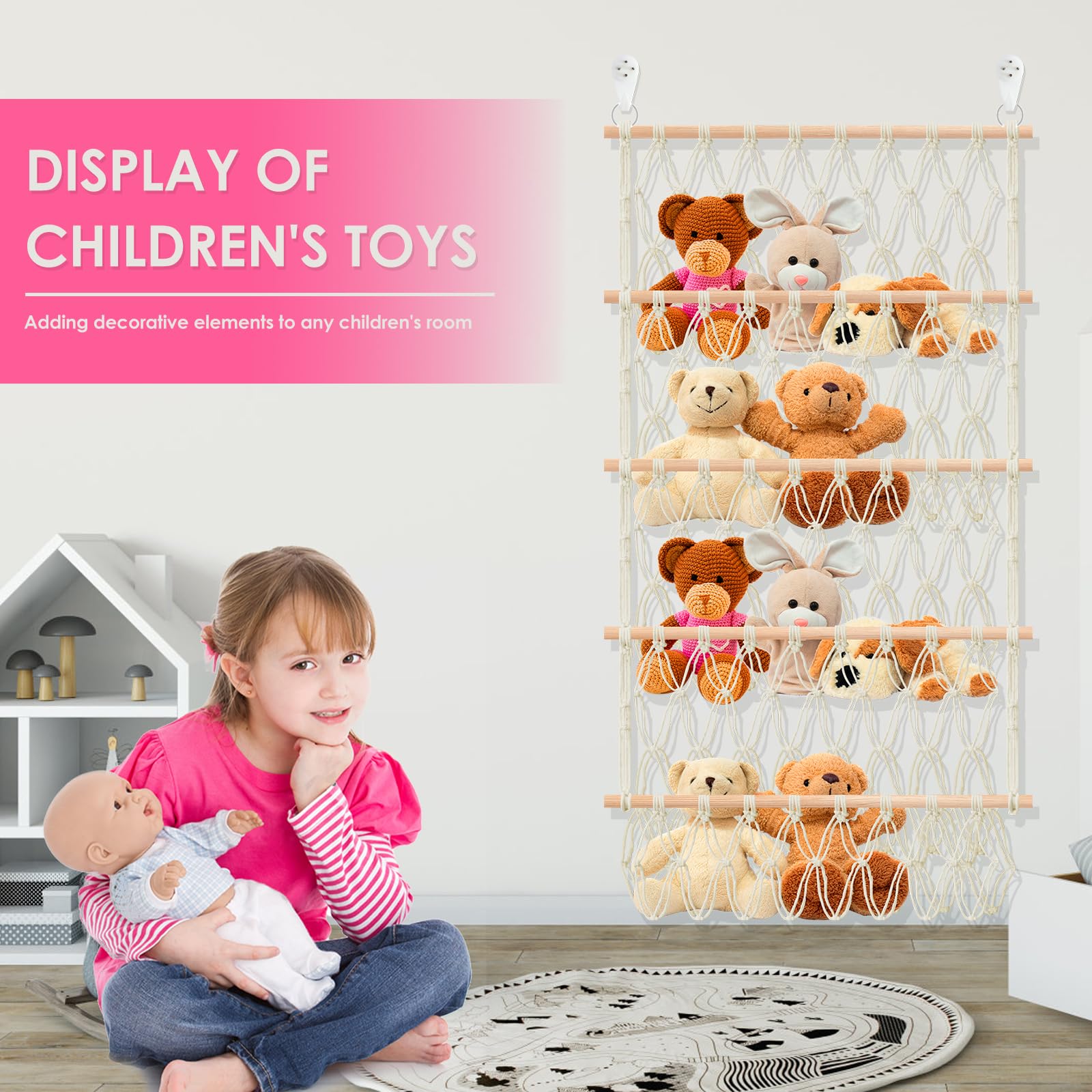 Style 4-Layer Large Capacity Stuffed Toy Hammock Organizer with 2 Hooks for Kids Baby Nursery Wall Bedroom Room Decor - Image 4