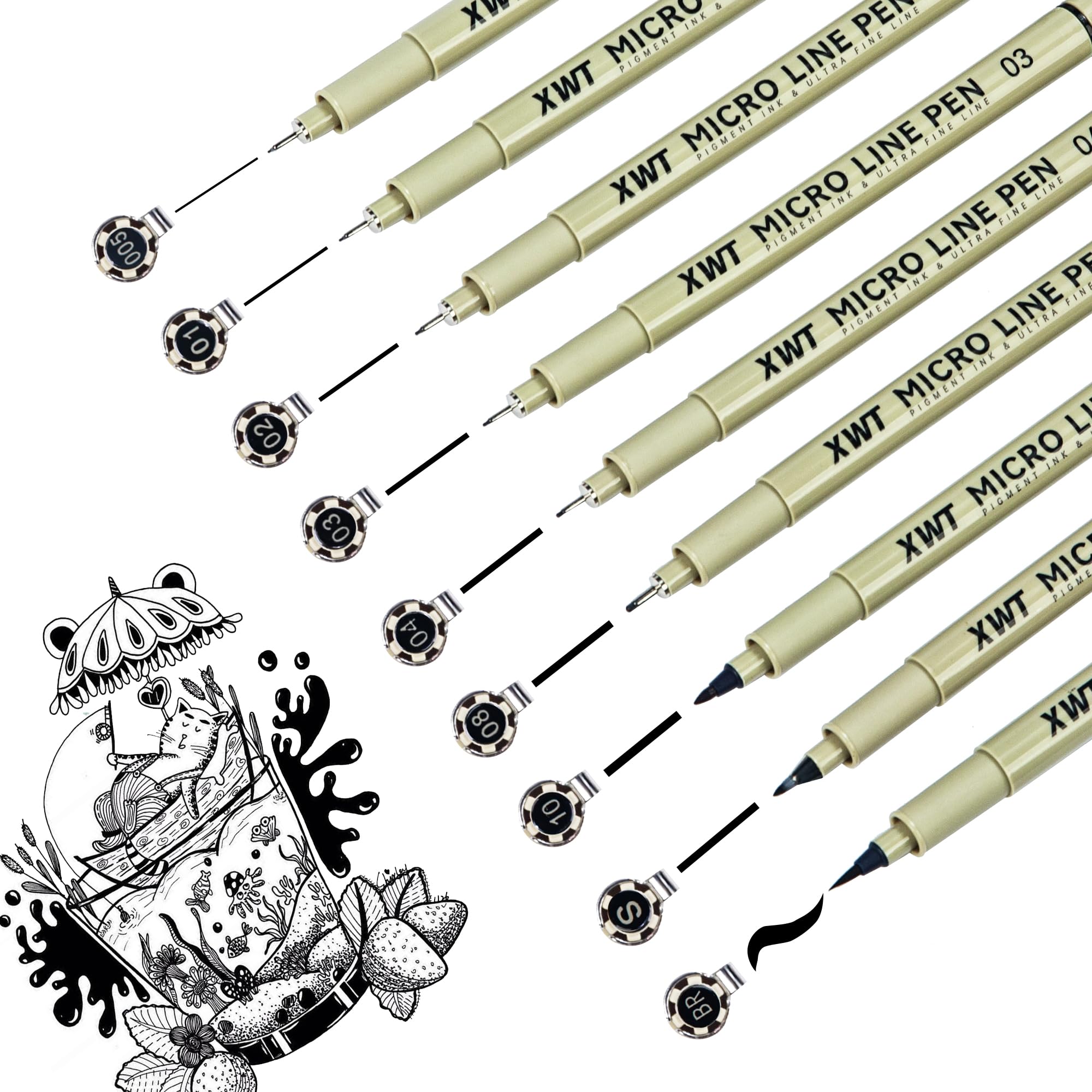 XWT Micro Fineliner Pens 9 Size/Set, Ultra Fine Fineliner, Soft Nib, Brush Marker, Water-based Black Pigment Ink, Drawing Journaling Doodle Supplies