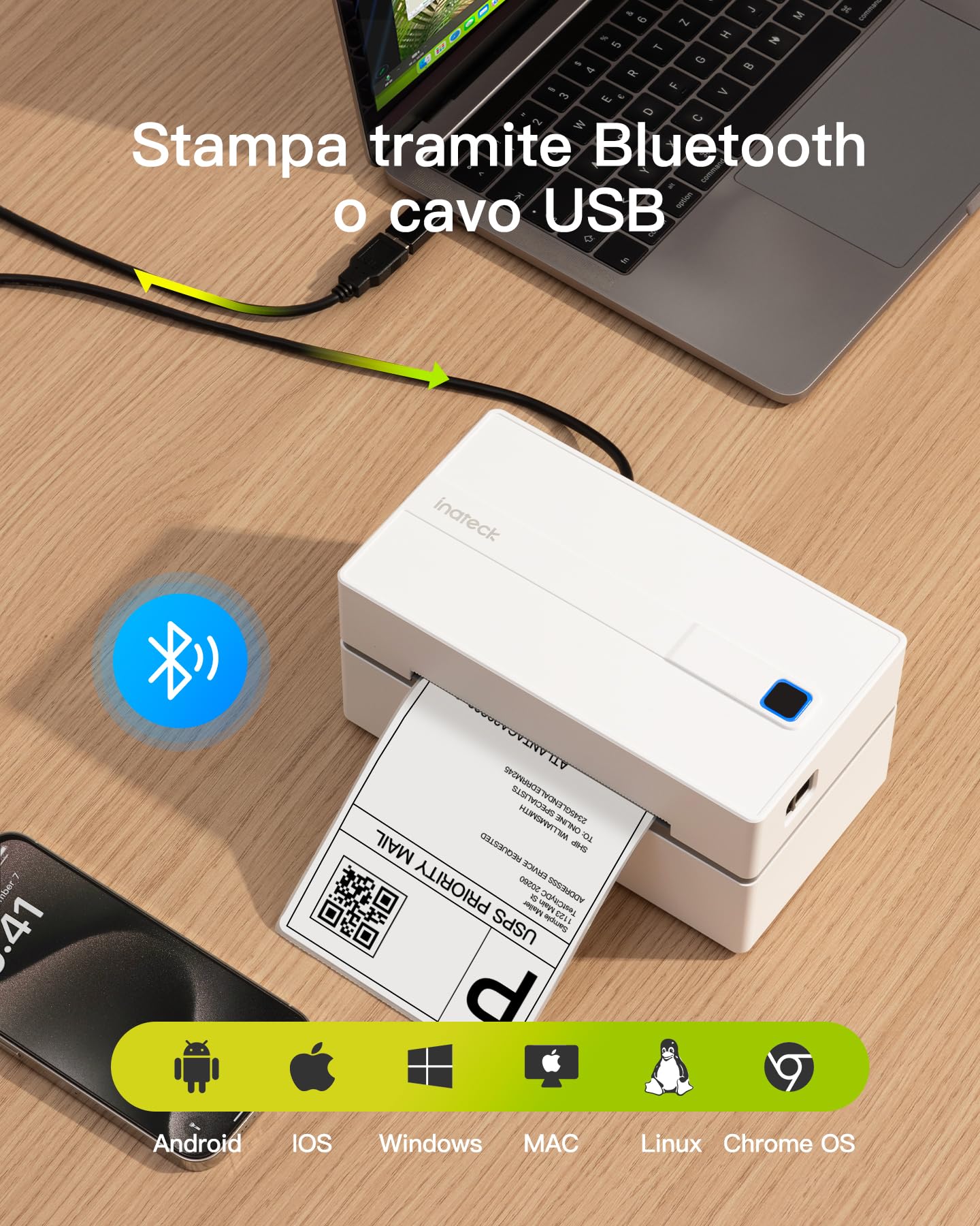 Inateck Stampante Etichette Termica Spedizioni Bluetooth 4x6, 150mm/s Reali, Adattatore USB-C Mac Incluso, Compatibile con Vinted Amazon eBay Shopify, Supporta iOS Android