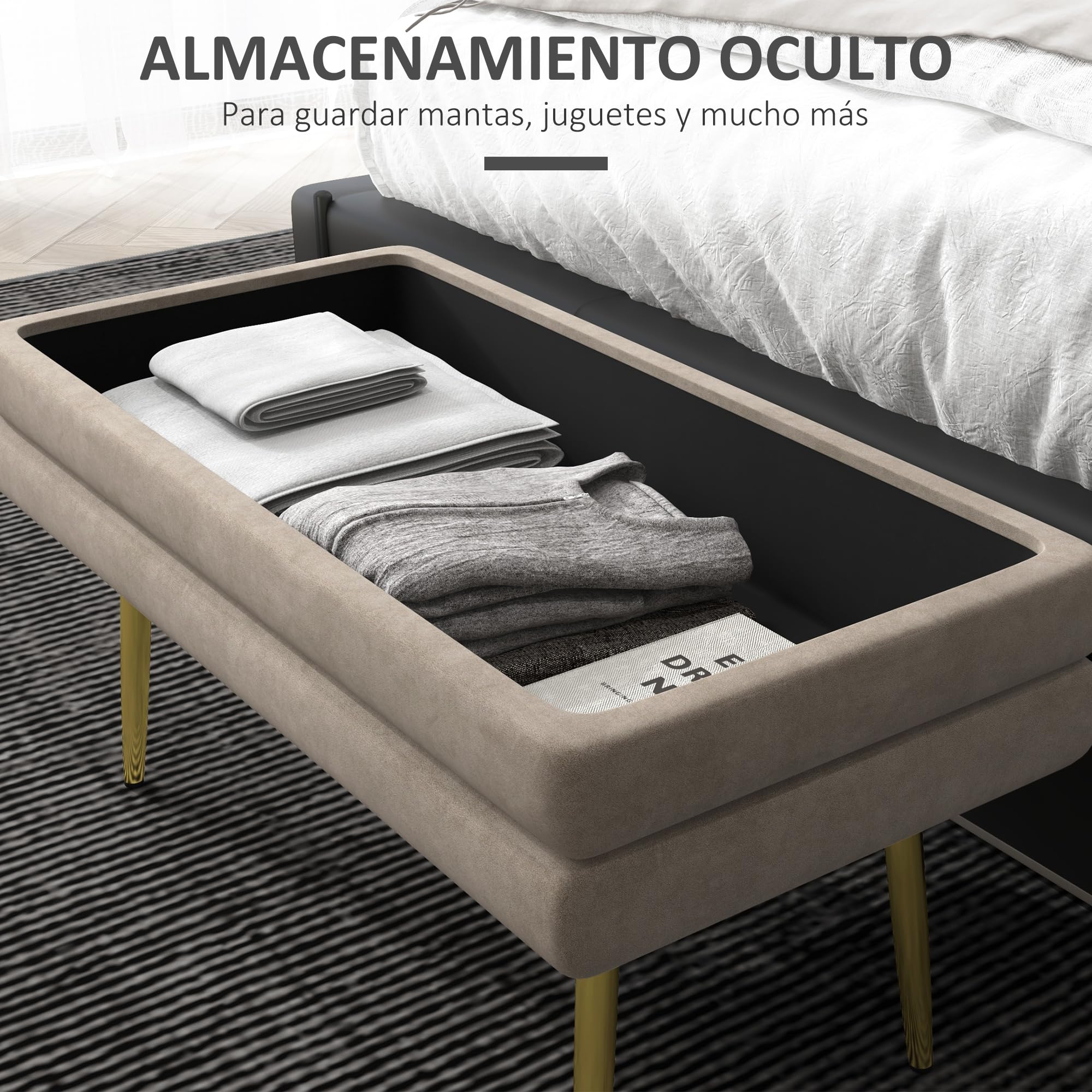 HOMCOM Puff Almacenaje 30L Banco Pie de Cama 79,5x37,5x43 cm Beige | Tapa Abatible, Patas de Acero, Tapizado en Terciopelo, Dormitorio, Salón, Entrada, Carga 120 kg