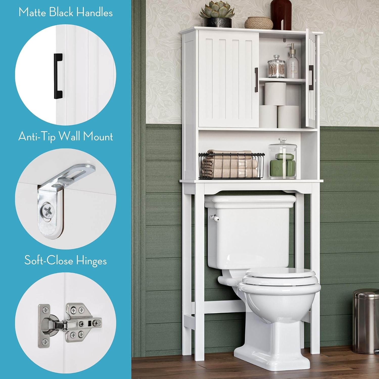 RiverRidge Monroe Over The Toilet Storage Cabinet - Spacesaver with Adjustable Shelves, Soft-Close Doors & Open Shelf - Wall-Mounted Bathroom Medicine Cabinet