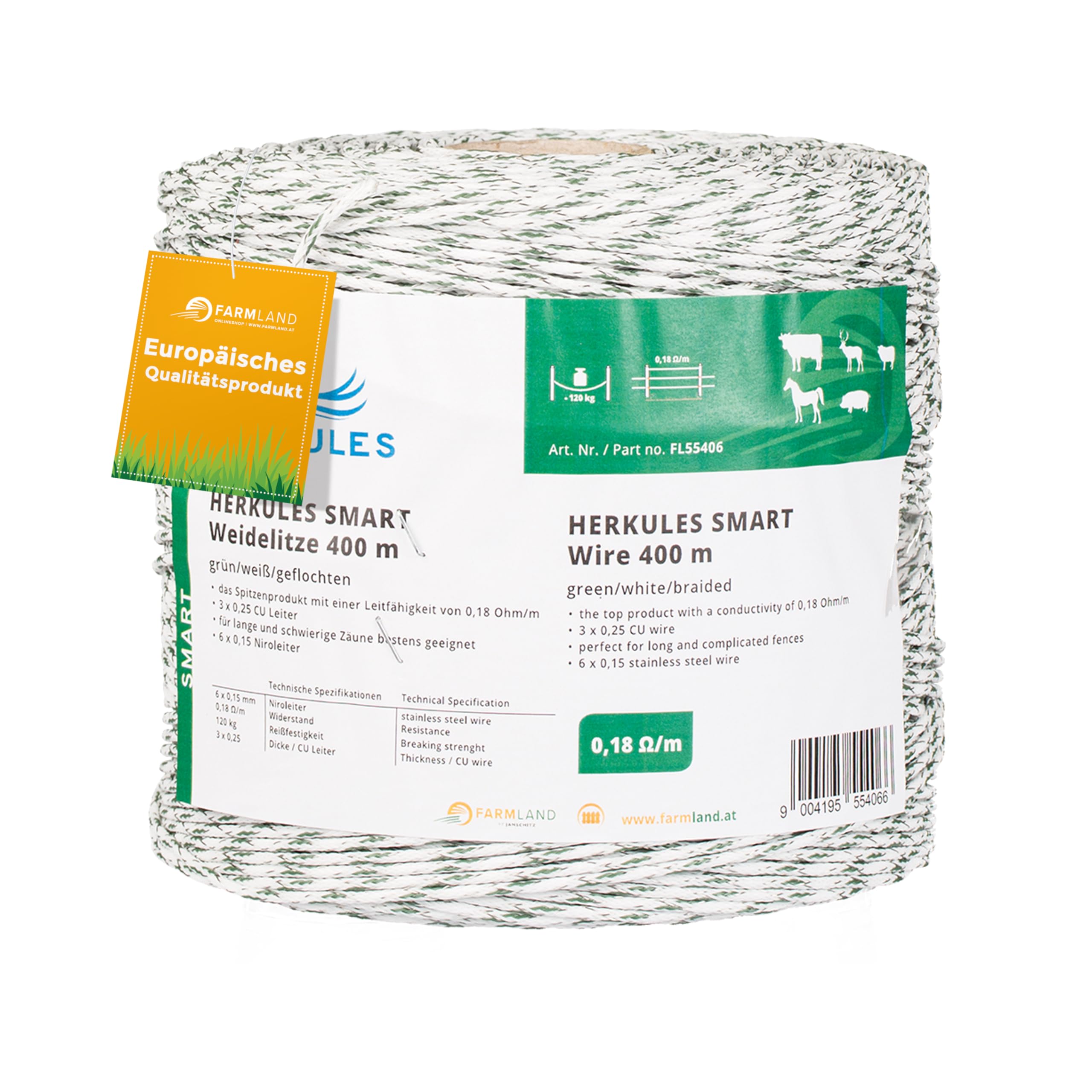 Herkules Power Hilo para cerca eléctrica 400 m con 0,18 ohm robusto | Hilo para cercas eléctricas con conductores de acero inoxidable y cobre, apto para todo tipo de animales y alta conductividad