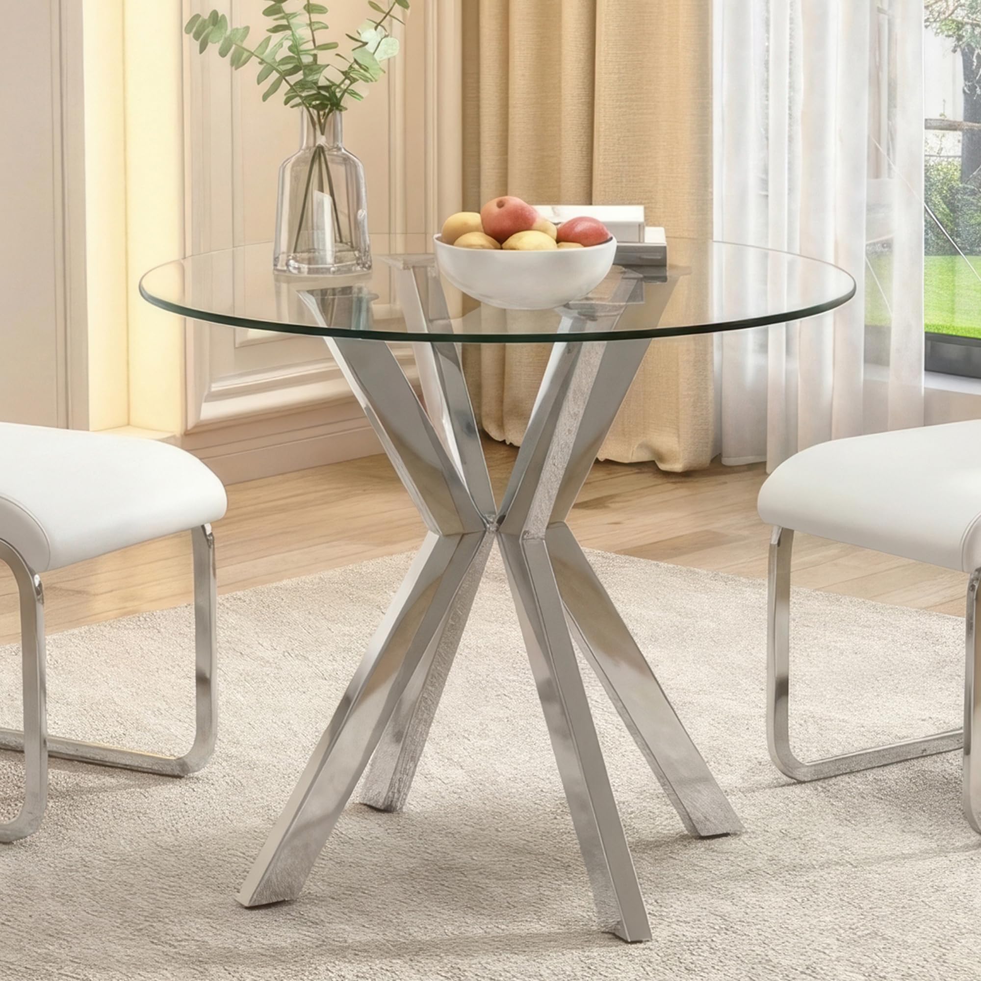 IMHKAM Round Dining Table, 80cm Glass Table with Metal Frame, Circle Kitchen Dinner Table for Dining Room Restaurant Living Room