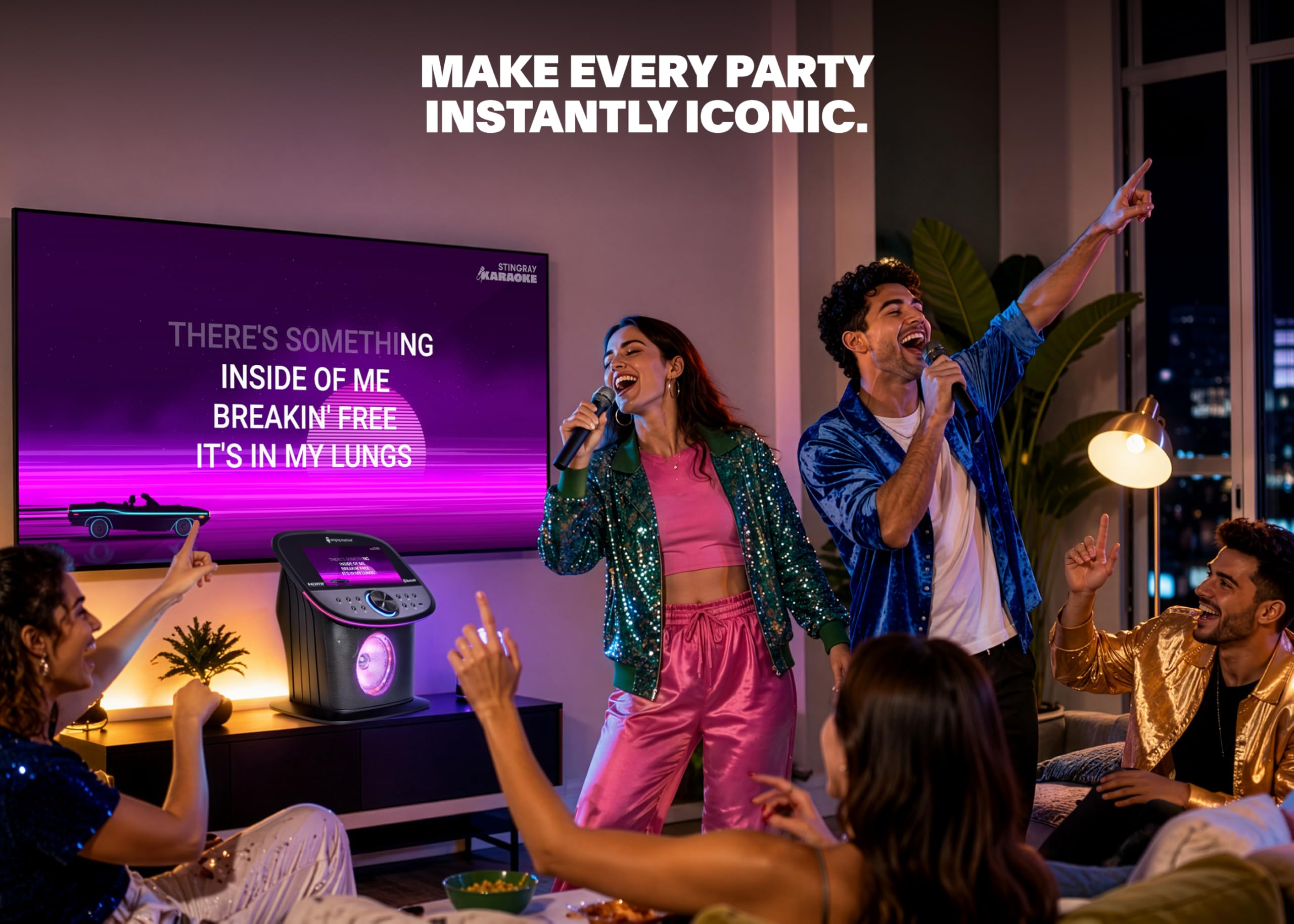 Singing Machine Platinum Plus Karaoke Premium con Pantalla – Sistema Todo en Uno – 2 micrófonos inalámbricos – Altavoz Bluetooth Wi-FI – Compatible con Youtube & Spotify – Aplicaciones integradas