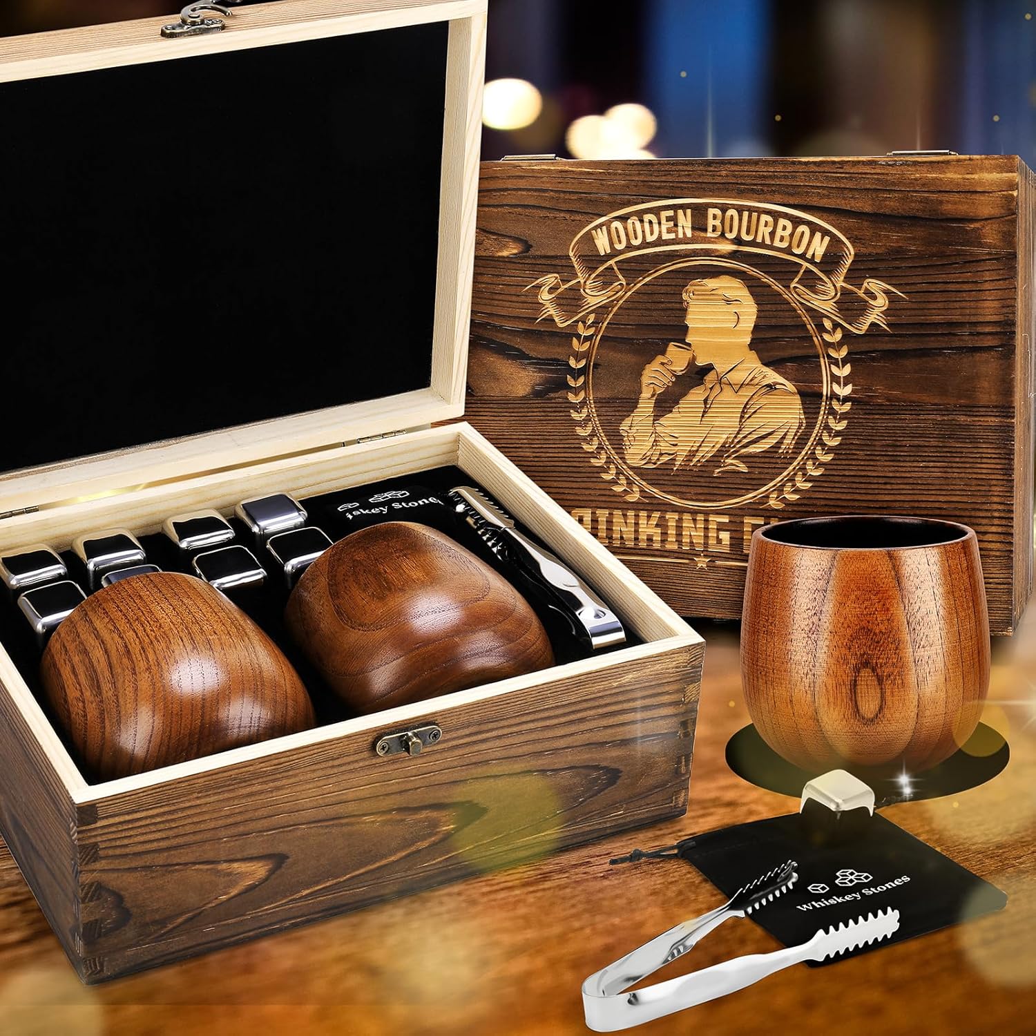 Wooden Bourbon Drinking Glasses Gift Set Bourbon Gifts for Men Charred Wooden Whiskey Glasses Wine Tumbler for Dad Men Boyfriend Father Friends Brother