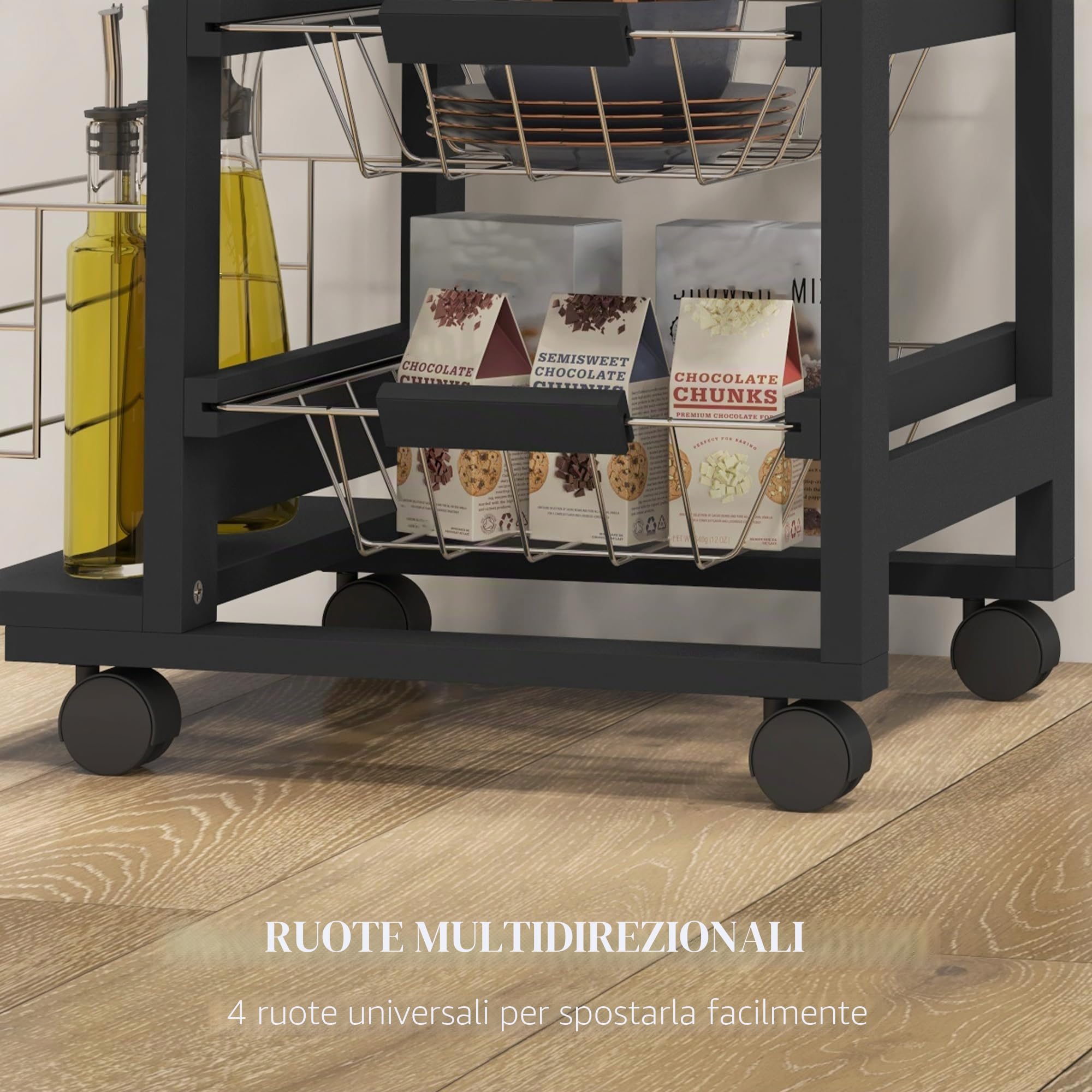 HOMCOM Carrello da cucina con ruote Carrello multiuso con cassettiera 4 cestini estraibili in metallo e cestelli laterali 47x37x83 cm Nero e legno naturale