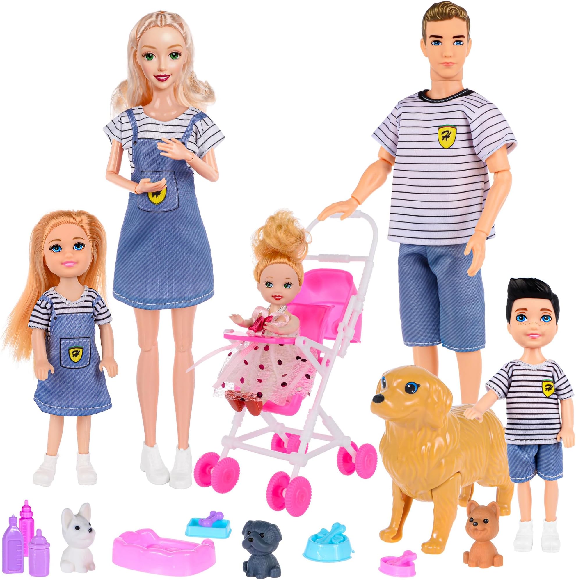 dollbie Dolls Family Playset with Baby Stroller Set- 6 People, Pets & Accessories for 3-12 Years Old | Toddler Gift with Pregnant Mom, Dad, 3 Kids, Dogs, and Interactive Play