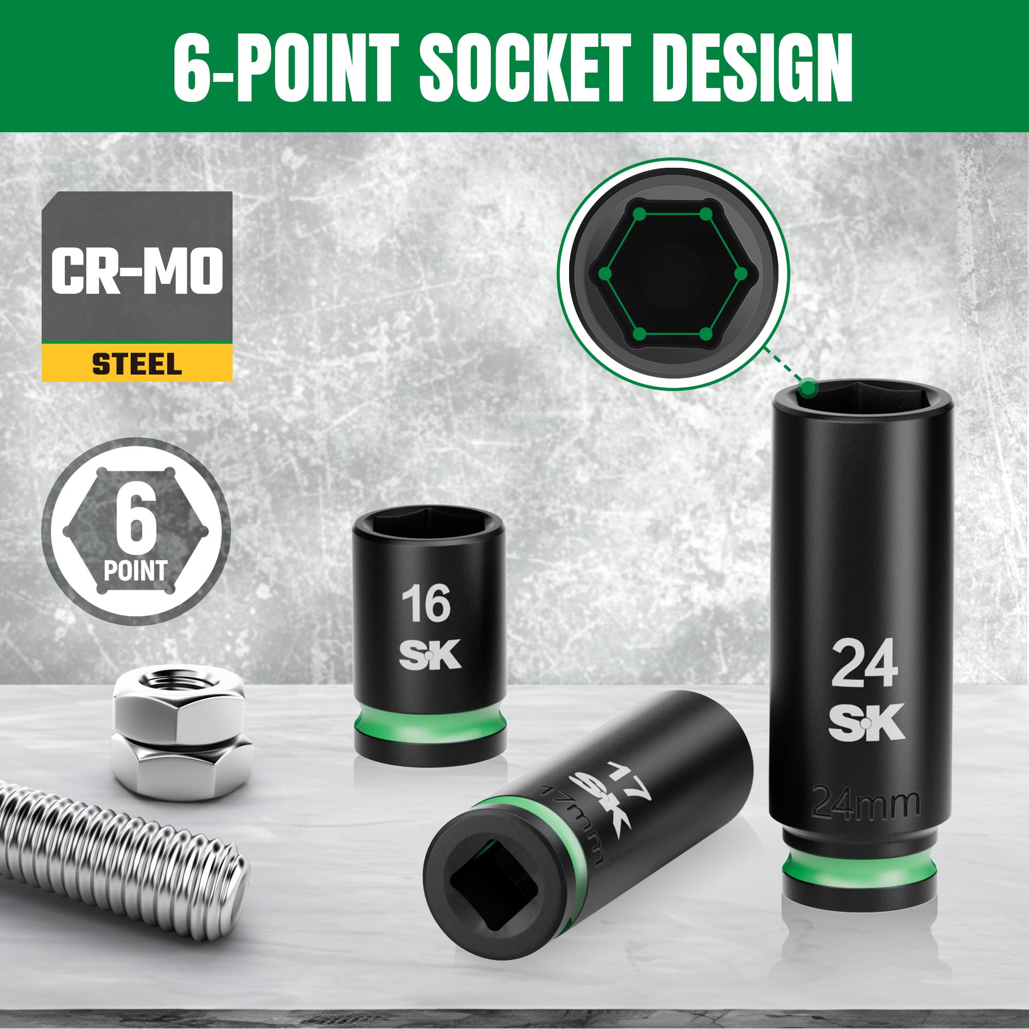 SK Juego de llaves de impacto de 1/2 pulgada, 30 piezas métricas, profundidad de 10 mm a 24 mm, poco profundo de 8 mm a 24 mm, acero CR-MO premium, diseño SureGrip de 6 puntos, con caja de