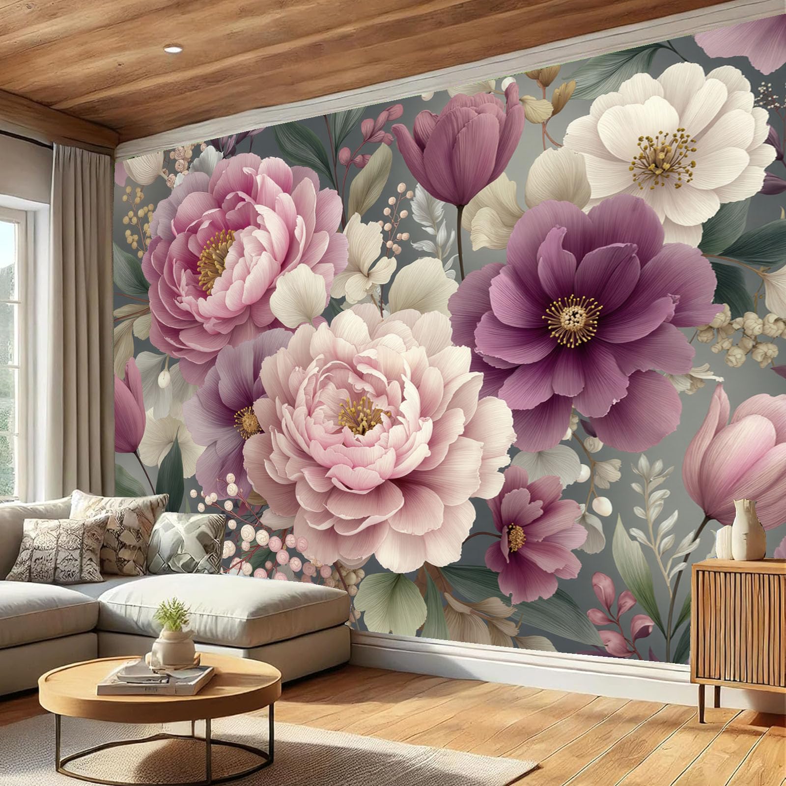 Peonia Fiori Tulipano Carta Da Parati Panoramica 300L×210A Cm, Floreale Retrò Realistico Parati Seta, Rosa-Violaceo Grandi Murali Per Soggiorno Camera Da Letto Studio