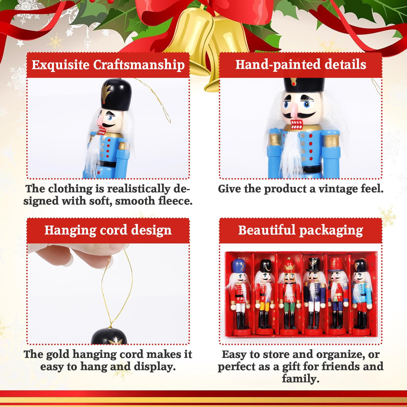 6 Pezzi Schiaccianoci Natale 13cm,Soldatino Schiaccianoci Natale Tradizionale in Legno Fatto Dipinto a Mano,Adatto per Essere Appeso,Per Albero,Decorazione per La Casa E Feste,Natalizi Regalo