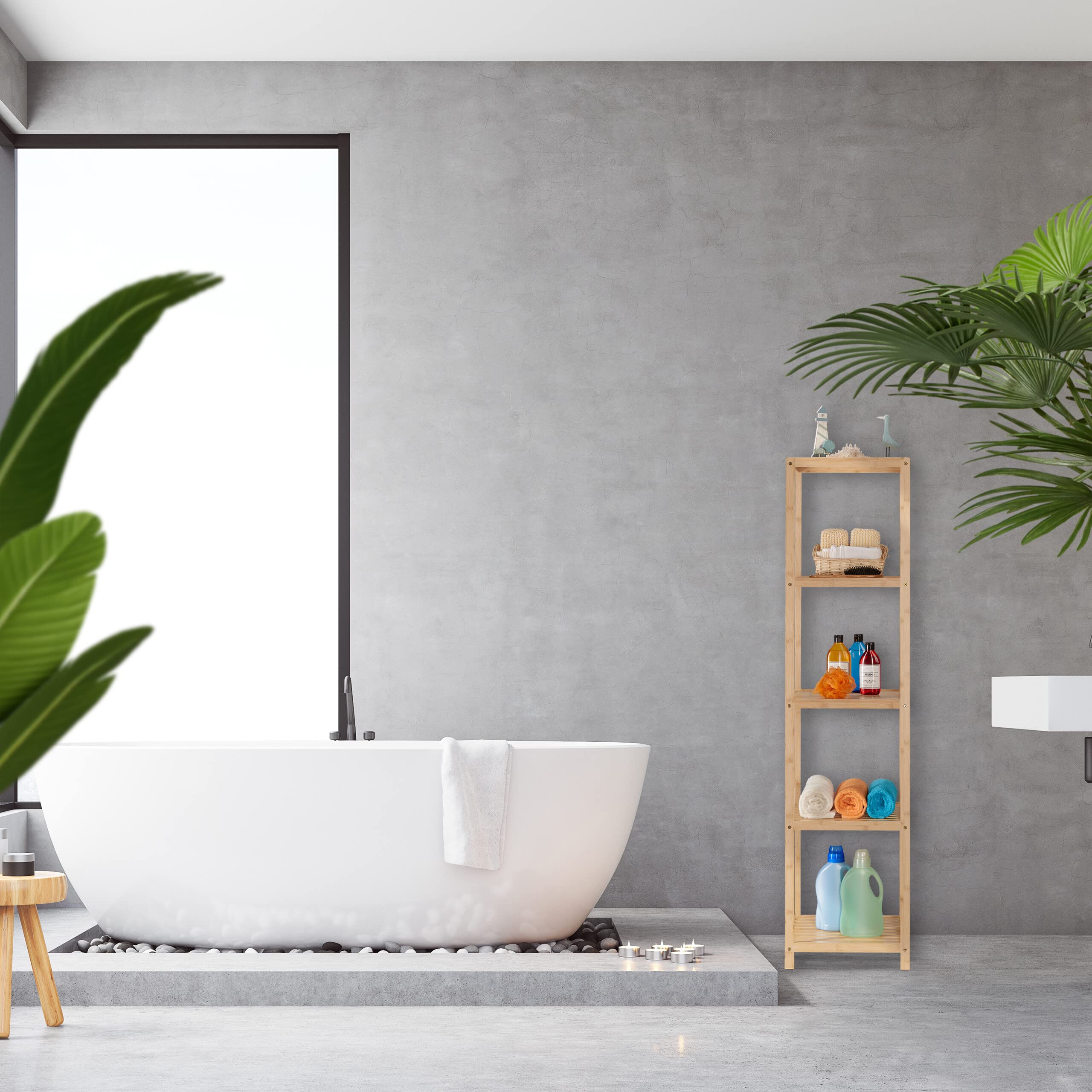 Relaxdays Estantería Baño Bambú, 5 Baldas, 162 x 38 x 39,5 cm, Estante Vertical para Lavabo y Cocina, De Pie, Natural