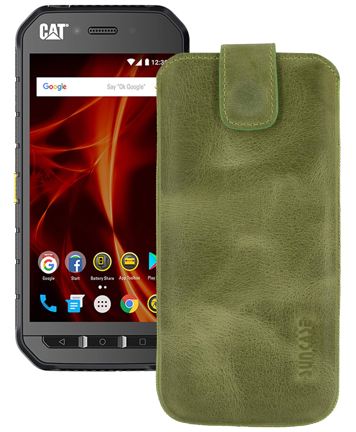 Original Leather Mobile Phone Case for Caterpillar Cat S41 *Pull Up Tab Feature * Antique Kiwi Green