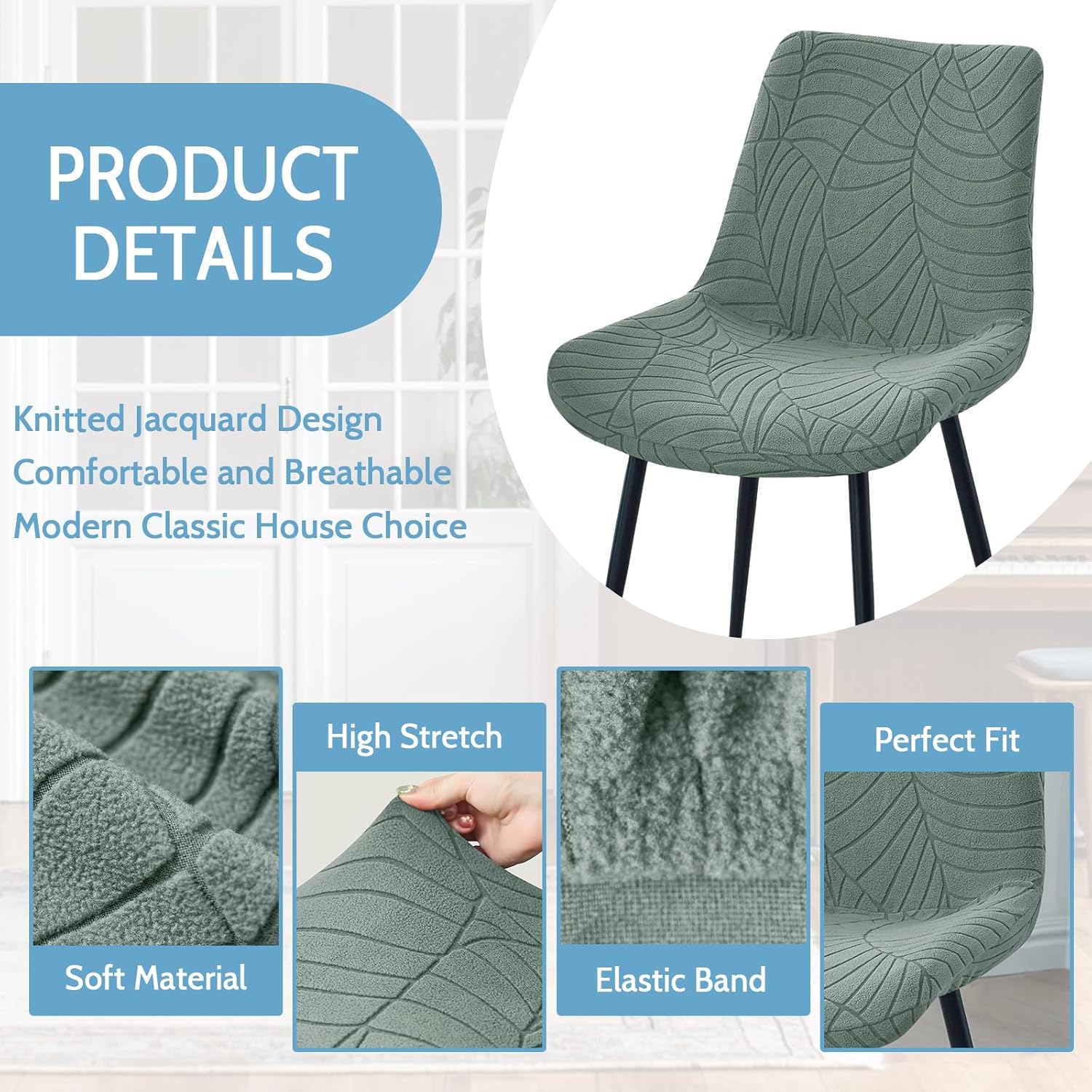 Jacquard Dining Chair Covers Set of 4,Stretchy Mid Century Modern Kitchen Dining Room Chair Slipcovers Armless Accent Side Chair Covers for Dining Chairs,Matcha Green