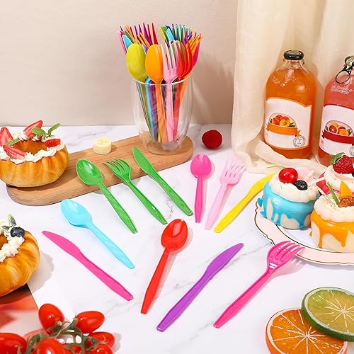 Miniatura 4 de Zhehao Juego de cubiertos de plástico duro, 405 piezas, cubiertos desechables, tenedores, 135 cucharas y cuchillos, cumpleaños, boda, fiesta, cena