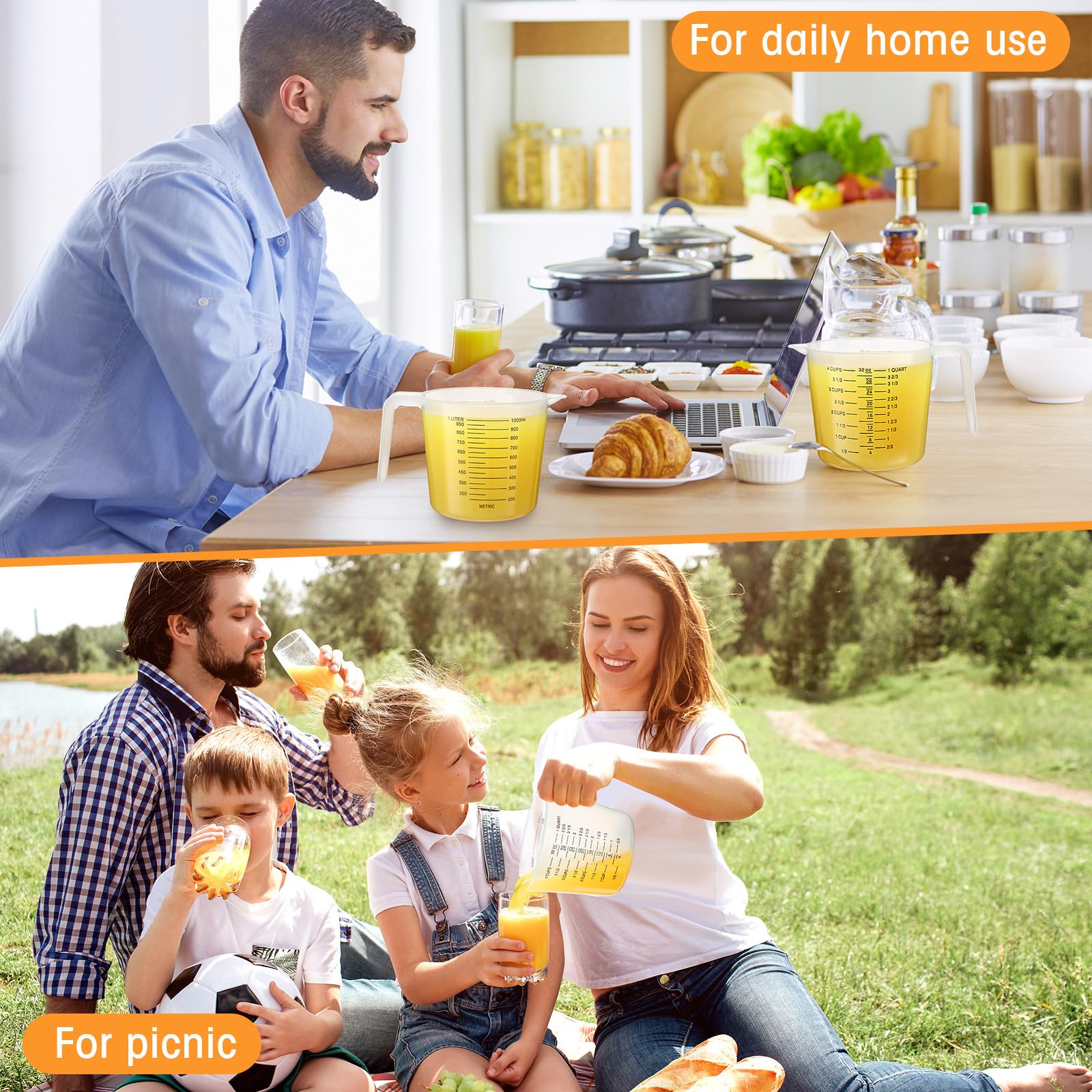Fabbay 24 tazas medidoras de plástico con capacidad para 4 tazas de 1000 ml, tazas medidoras graduadas transparentes con boquilla y asas, marcado de onzas y ml para ingredientes de receta, harina