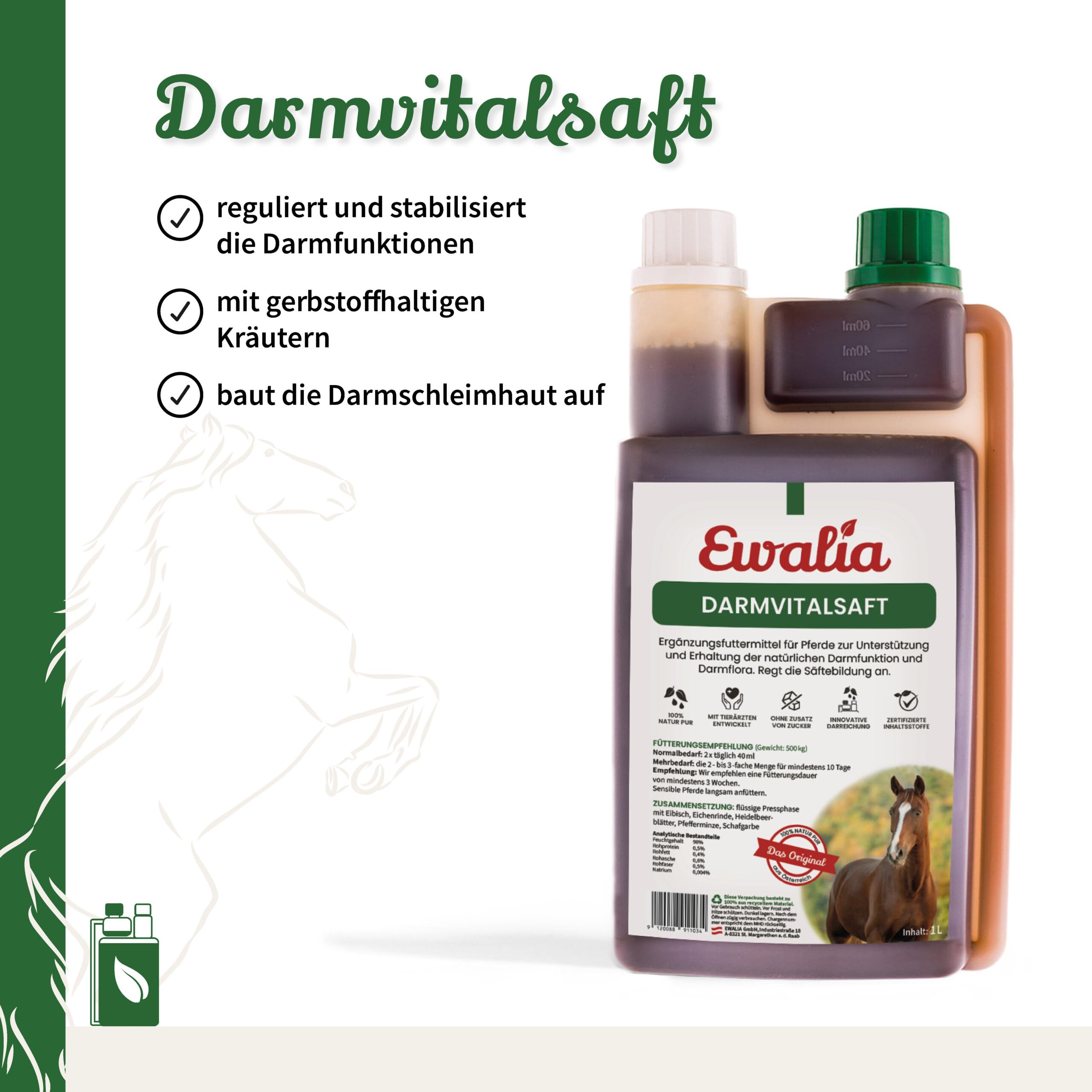 NEU! EWALIA Darmvitalsaft - Premium Ergänzungsfuttermittel für Pferde zur Unterstützung der Darmgesundheit - Natürliche Stabilisierung der Darmflora mit der Kraft der Kräuter – 3x1 Liter