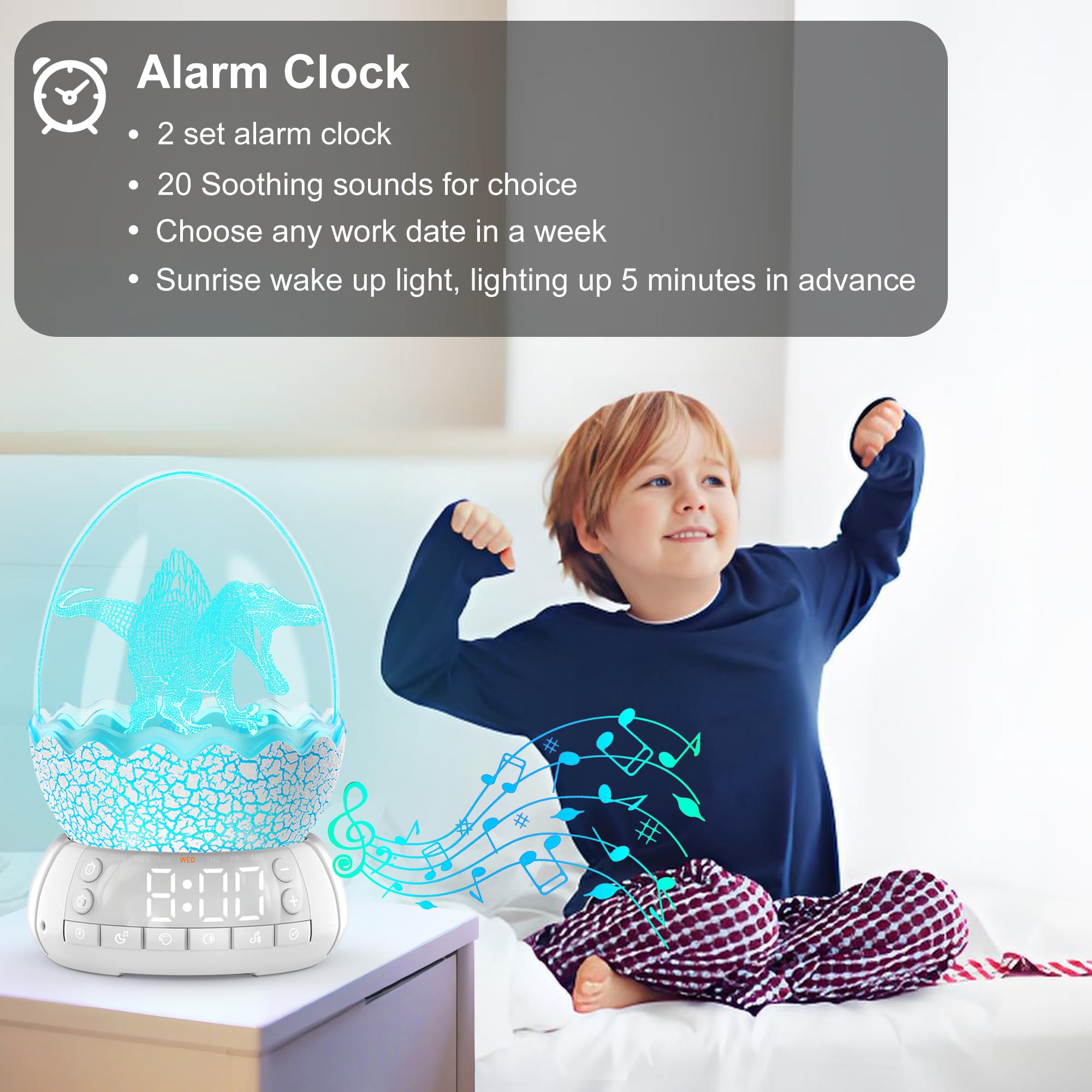Niedlicher Dinosaurier-Ei-Wecker/Digitaluhr/Nachtlicht/Musik & weißes Rauschhilfe-Schlafmaschine/Bluetooth-Lautsprecher, Dekoration, ideale & einzigartige Lampe für Schlafzimmer/Wohnzimmer, Geschenke