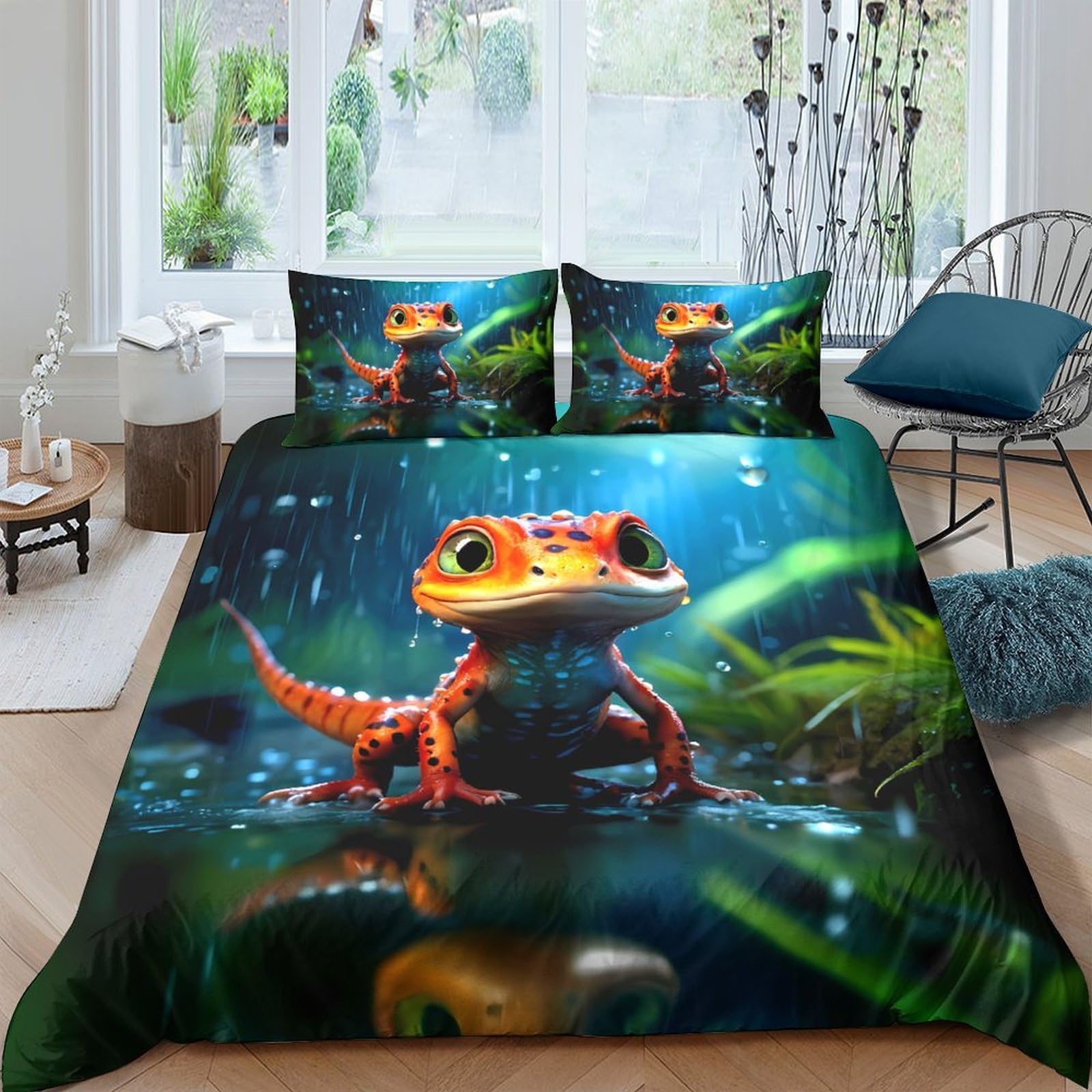 P5V6M1Q9 3D Printed Cartoon Gecko Duvet Cover Set Microfiber Soft Breathable Rainforest Animal Bedding with 2 Pillowcases for Bedroom Decor Single（135x200cm）