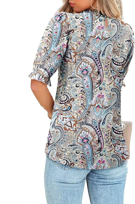 KISSMODA Womens Mock Neck Summer Blouses Short Sleeve Boho Tunic Tops