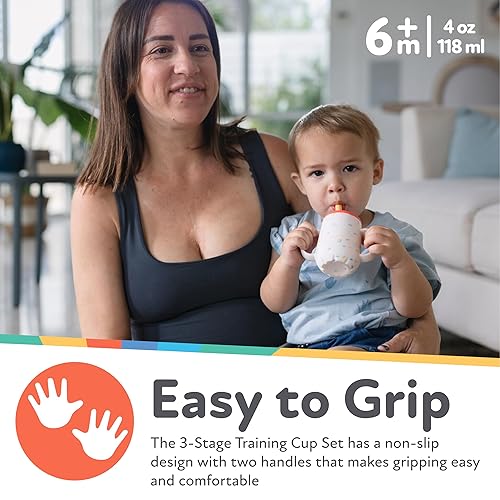 Miniatura 3 de Nuby Juego de vasos de entrenamiento de 3 etapas, vaso de silicona con boquilla y pajita, 4 onzas, más de 6 meses, coral y chispas