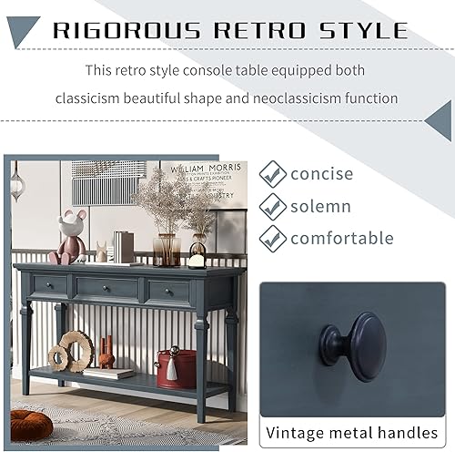 Miniatura 4 de GDFStudio Mesa de sofá clásica retro con almacenamiento, 3 cajones y estante inferior, consola de entrada con marco de madera de pino, fácil