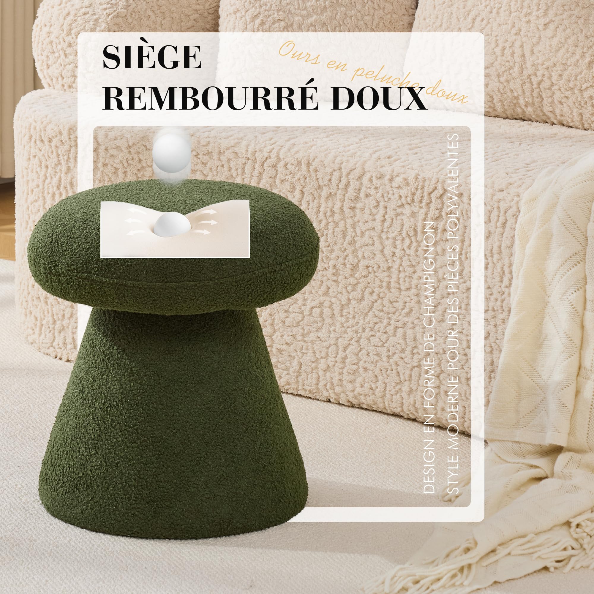 DEKKETO Tabouret de Coiffeuse Pivotant 360°, Pouf Rond Repose-Pieds Salon, Chaise Maquillage Moderne en Tissu Bouclette, Siège Rembourré Confortable pour Chambre, Dressing, Entrée, Vert