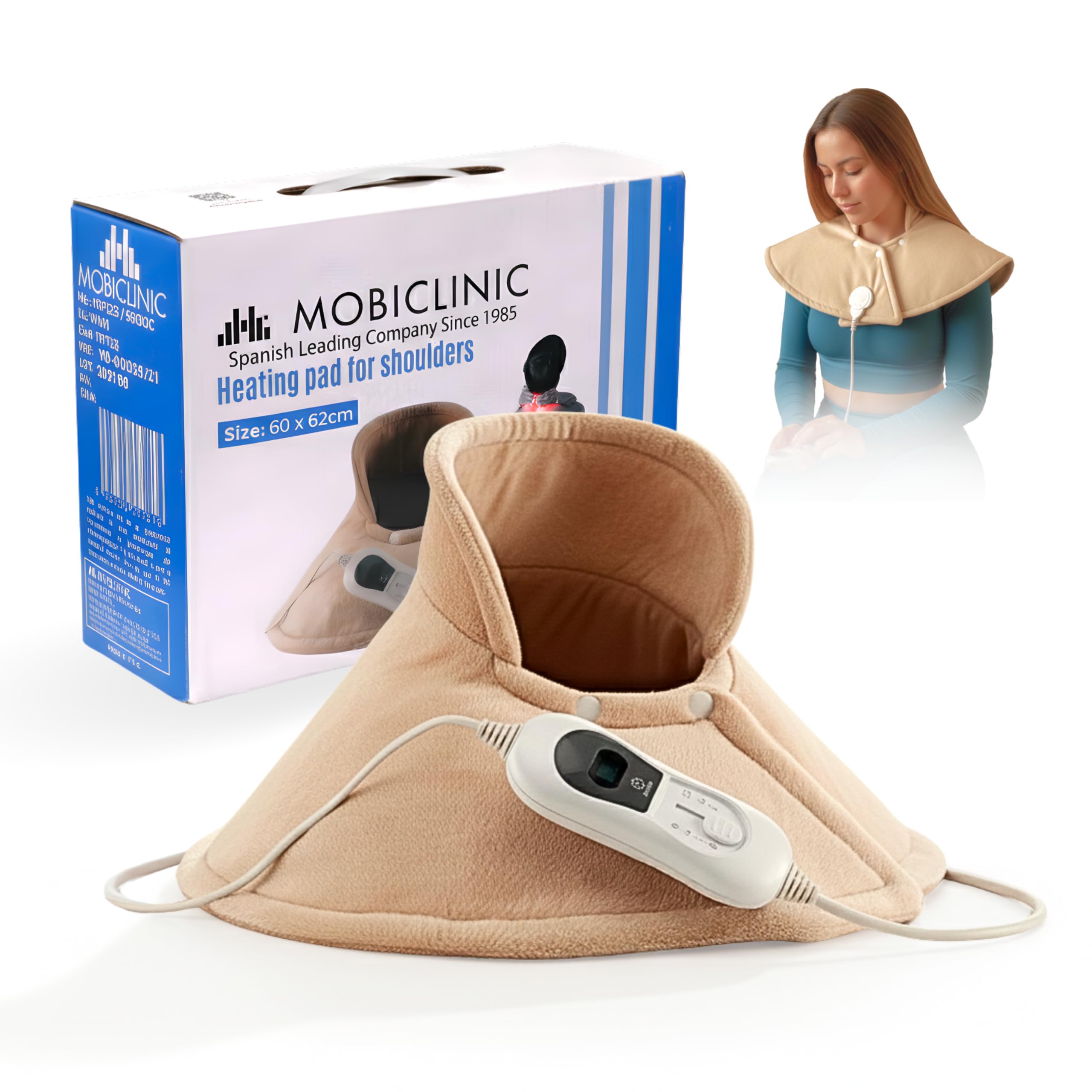 Mobiclinic, Termoforo cervicale e spalle, Cuscino termico, Marchio europeo, 3 livelli di temperatura, Spegnimento automatico, Lavabile, Antisurriscaldamento, Max.30º, 62x60, Beige