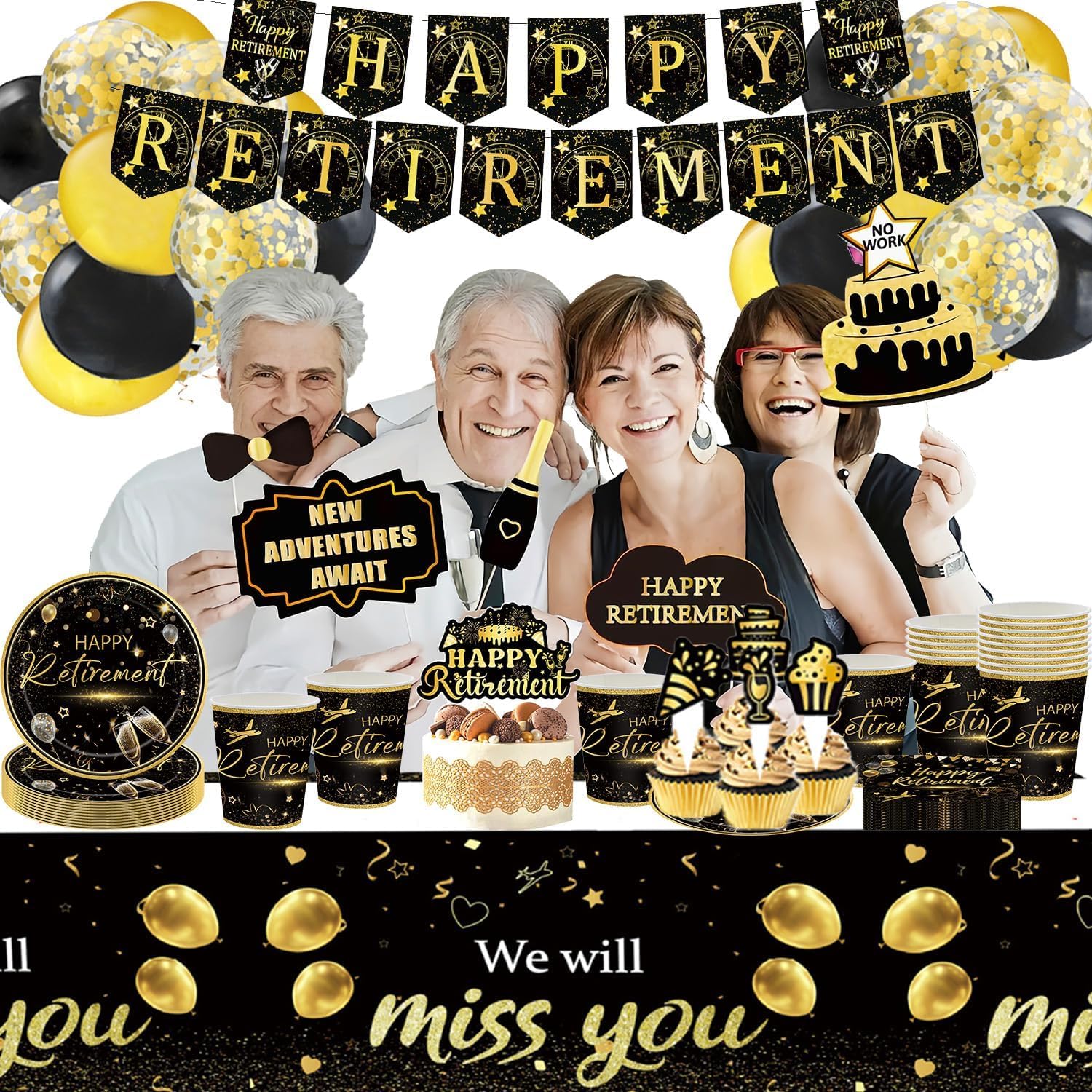Set di 61 stoviglie per feste in pensione, decorazioni per feste di addio, accessori per decorazione per feste in oro, stoviglie in pensione per 20, Happy Farewell, piatti di carta broccato, tazze di