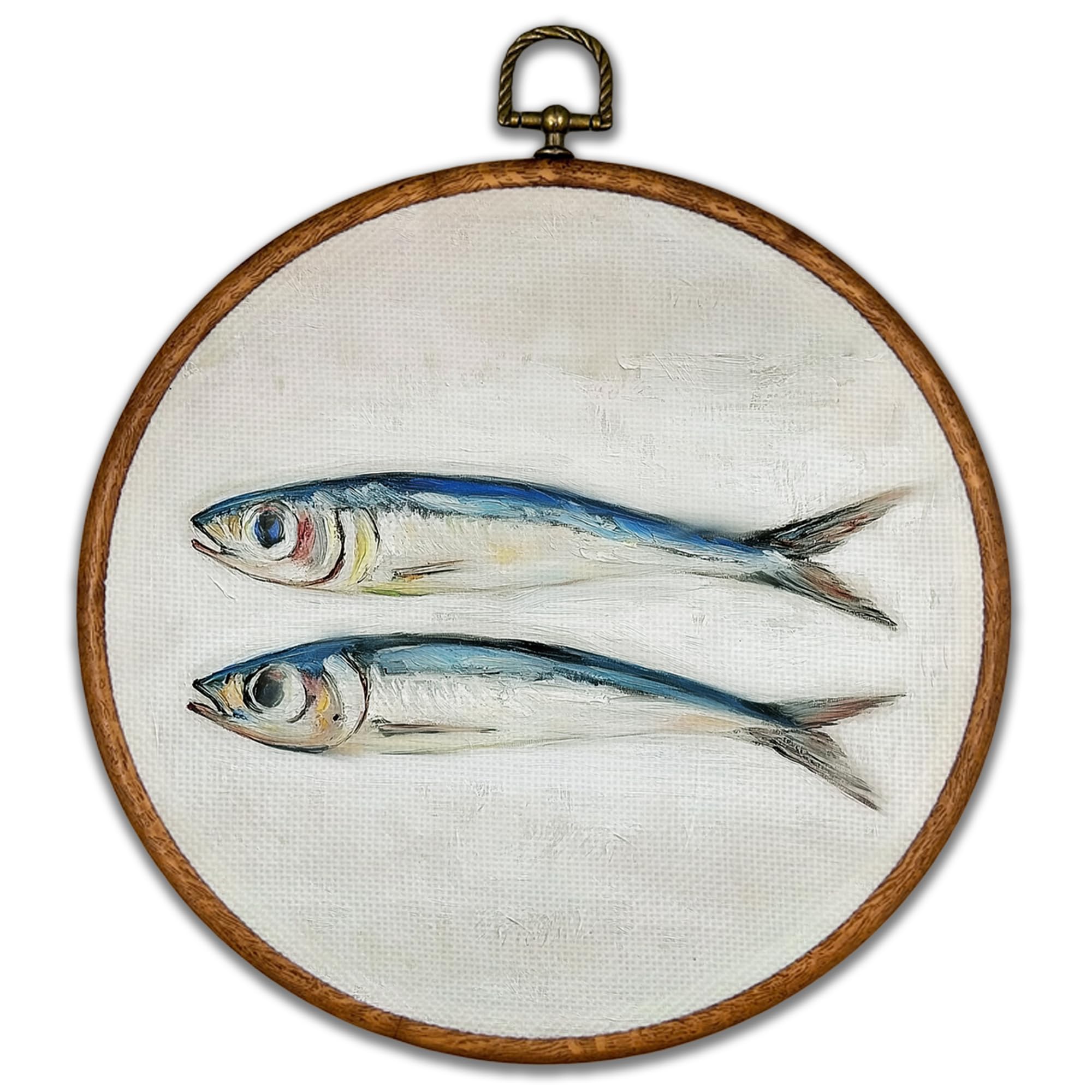 BCUANGD Vintage Sardine Round Wall Art Decor - Antique Still Life Fish Wall Art Canvas Frame Artwork Prints, Coastal Nautical Round Wall Hanging