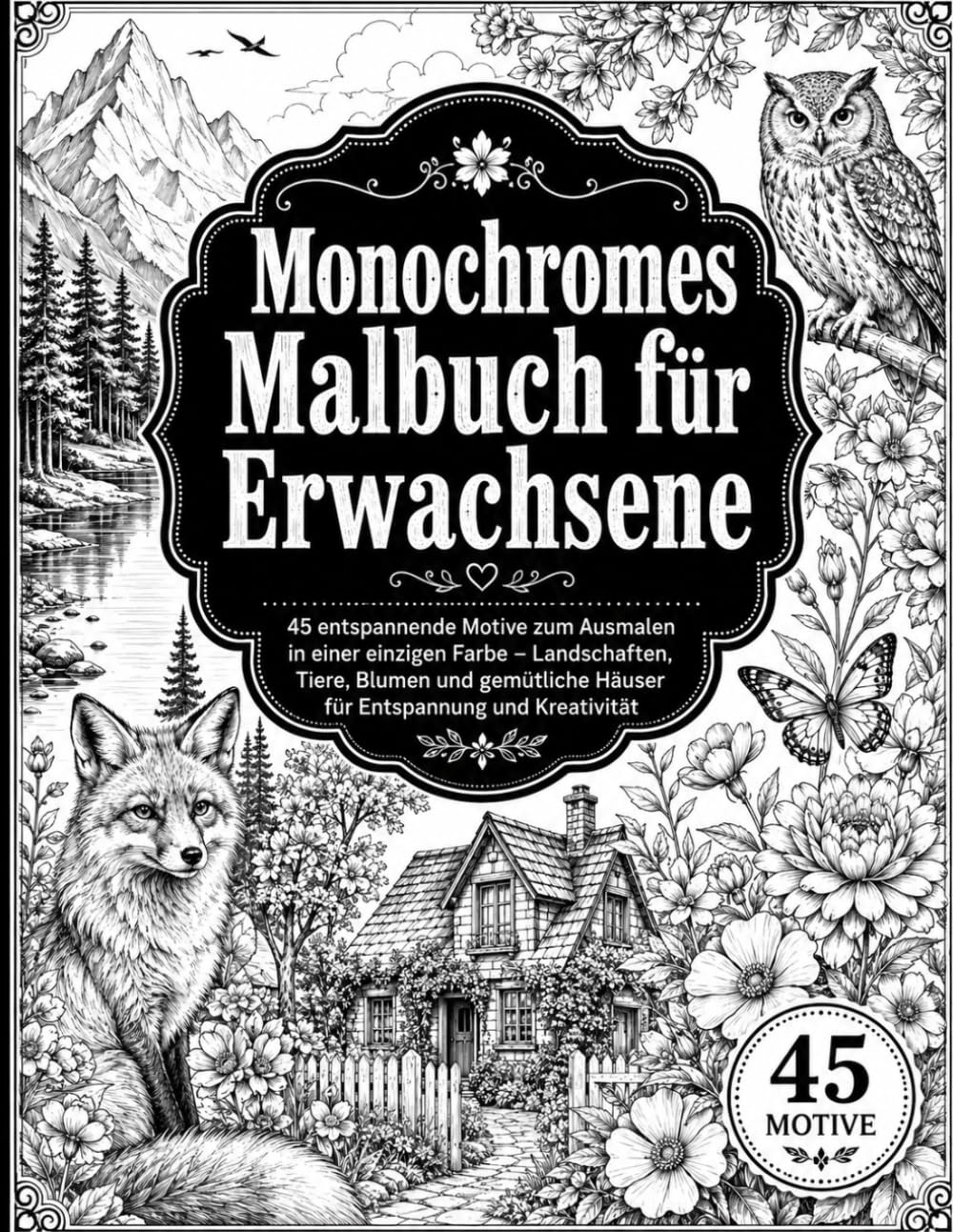 Monochromes Malbuch für Erwachsene: Entspannende Ausmalbilder zur Stressbewältigung – Wunderschöne monochrome Motive für kreative Ruhe, Achtsamkeit und stundenlangen Malspaß -Inklusive 45 Malvorlagen