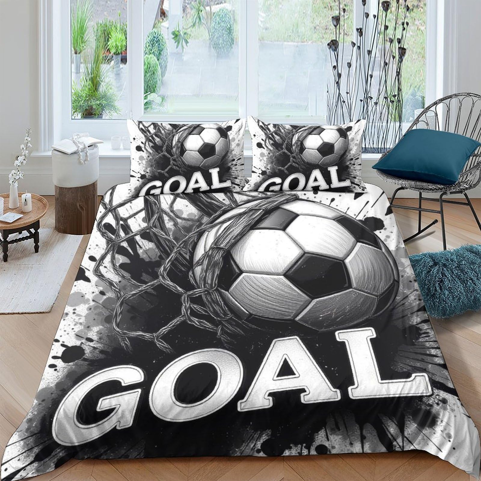 GPLZQXKJNH 3D Printed Football Goal Duvet Cover Set Microfiber Soft Black White Soccer Bedding Set with 2 Pillowcases for Bedroom Decor Single（135x200cm）